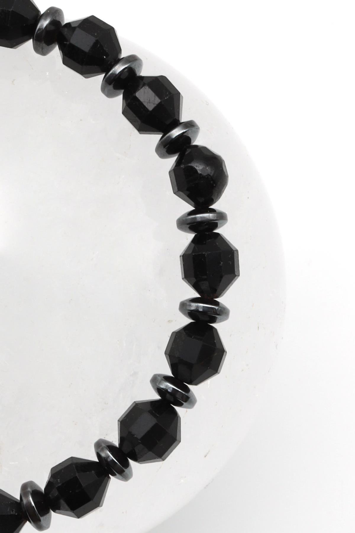 Siyah Turmalin Doğal Taş Makrome Örme Bileklik Hexagonal Kesim