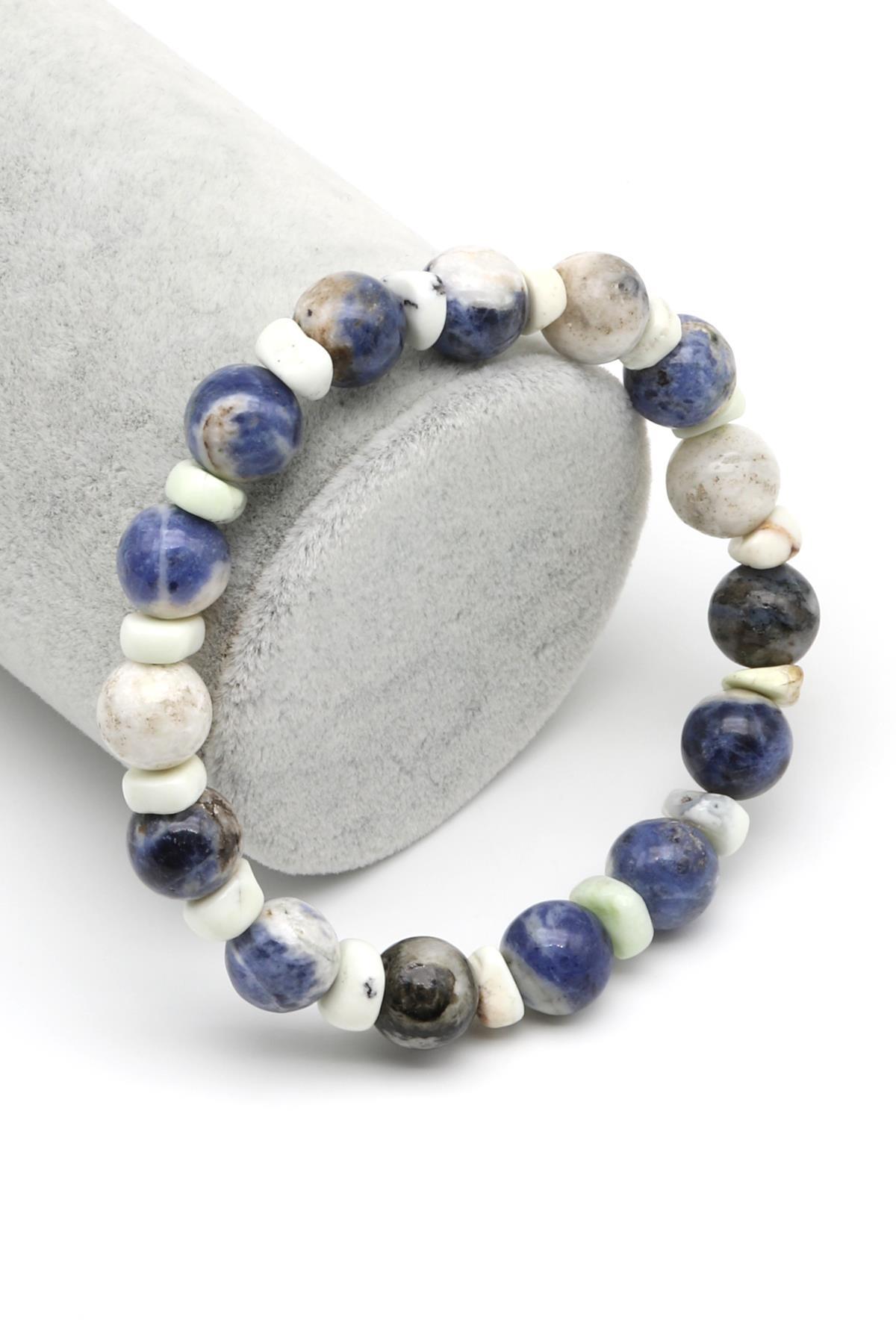 Sodalit-Yeşim Doğal Taş Tasarım Bileklik 10 mm Küre Kesim