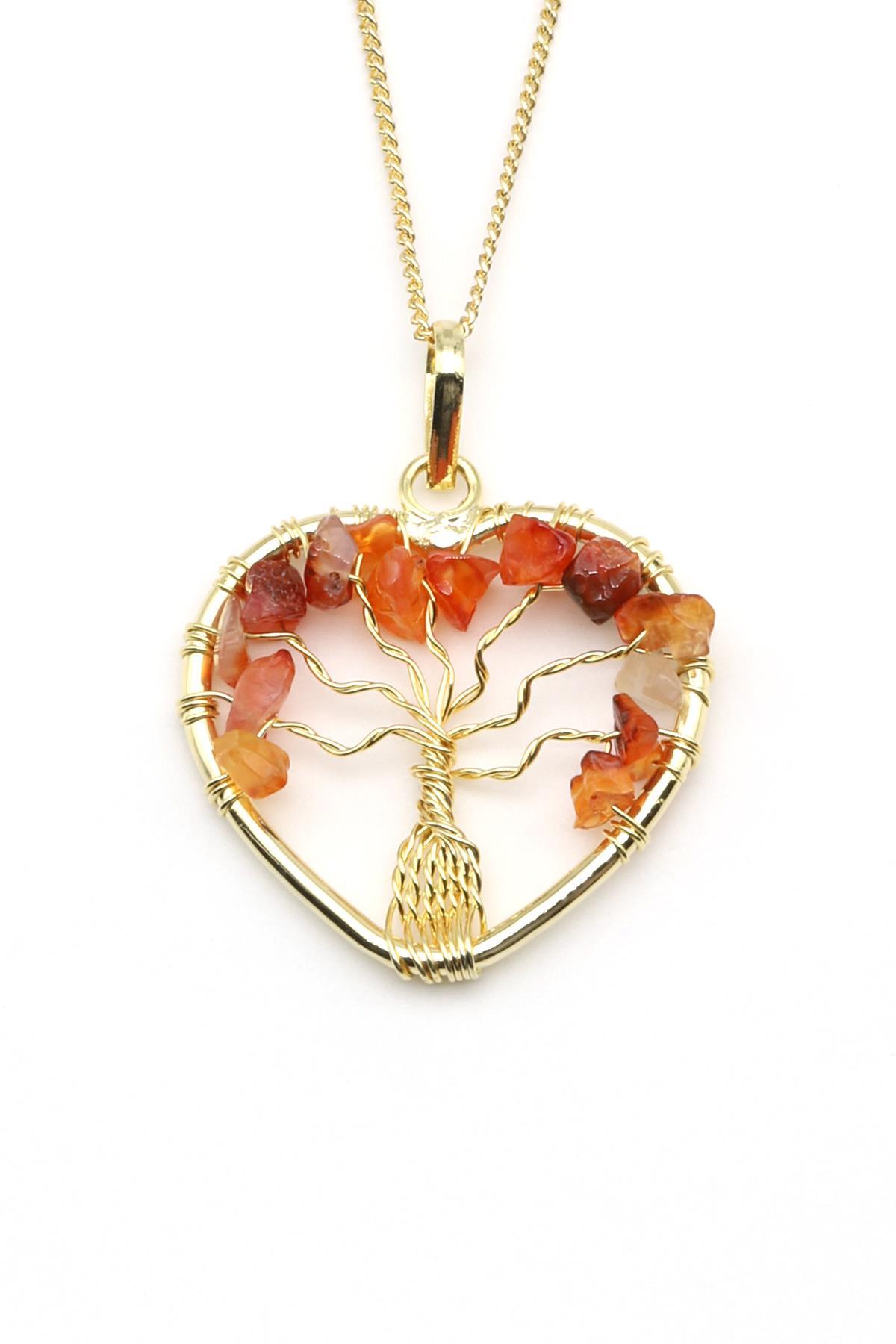 Tel Sarmalı Akik Doğal Taş Hayat Ağacı Kalp Model Kolye