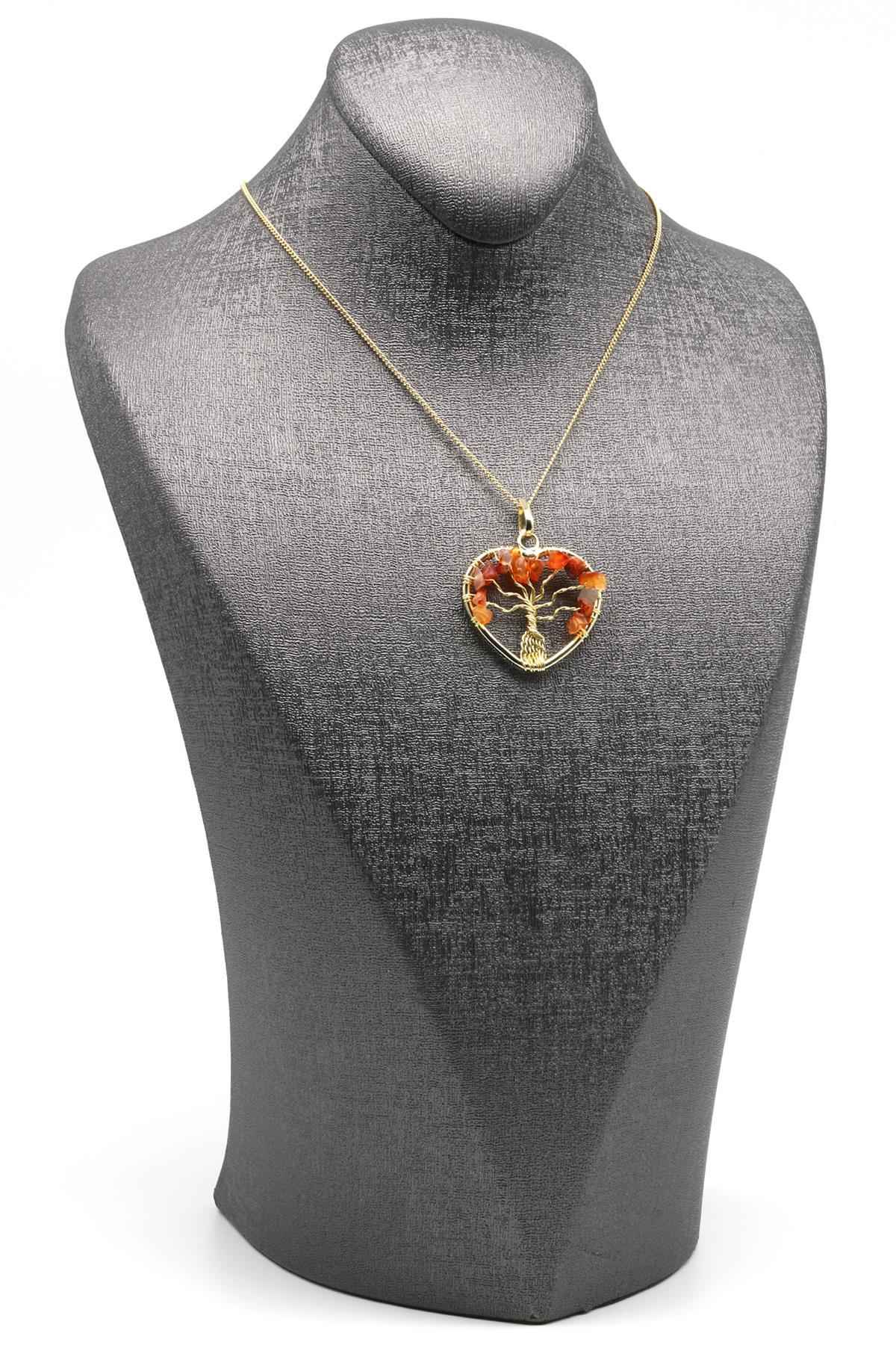 Tel Sarmalı Akik Doğal Taş Hayat Ağacı Kalp Model Kolye