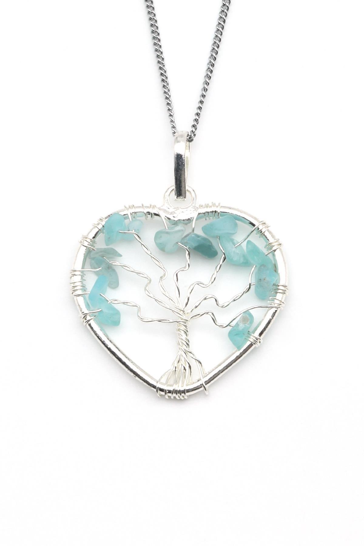 Tel Sarmalı Akuamarin Doğal Taş Hayat Ağacı Kalp Model Kolye