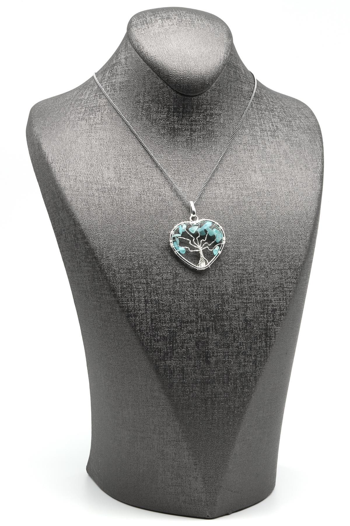 Tel Sarmalı Akuamarin Doğal Taş Hayat Ağacı Kalp Model Kolye
