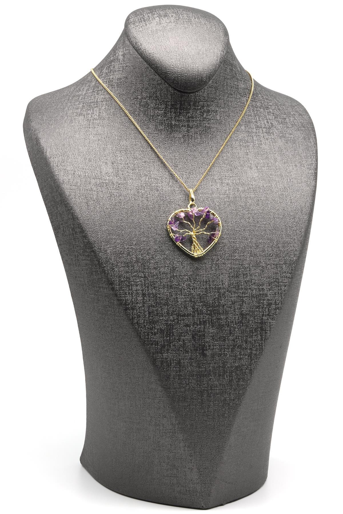 Tel Sarmalı Ametist Doğal Taş Hayat Ağacı Kalp Model Kolye