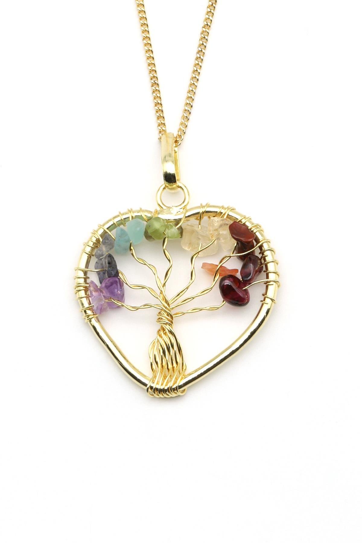 Tel Sarmalı Çakra Doğal Taş Hayat Ağacı Kalp Model Kolye