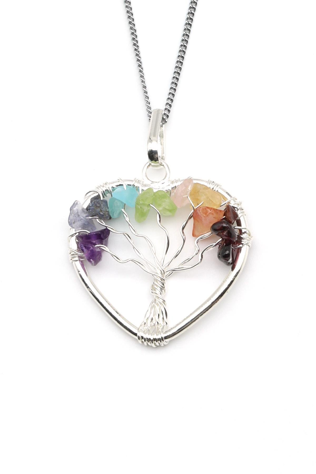 Tel Sarmalı Çakra Doğal Taş Hayat Ağacı Kalp Model Kolye