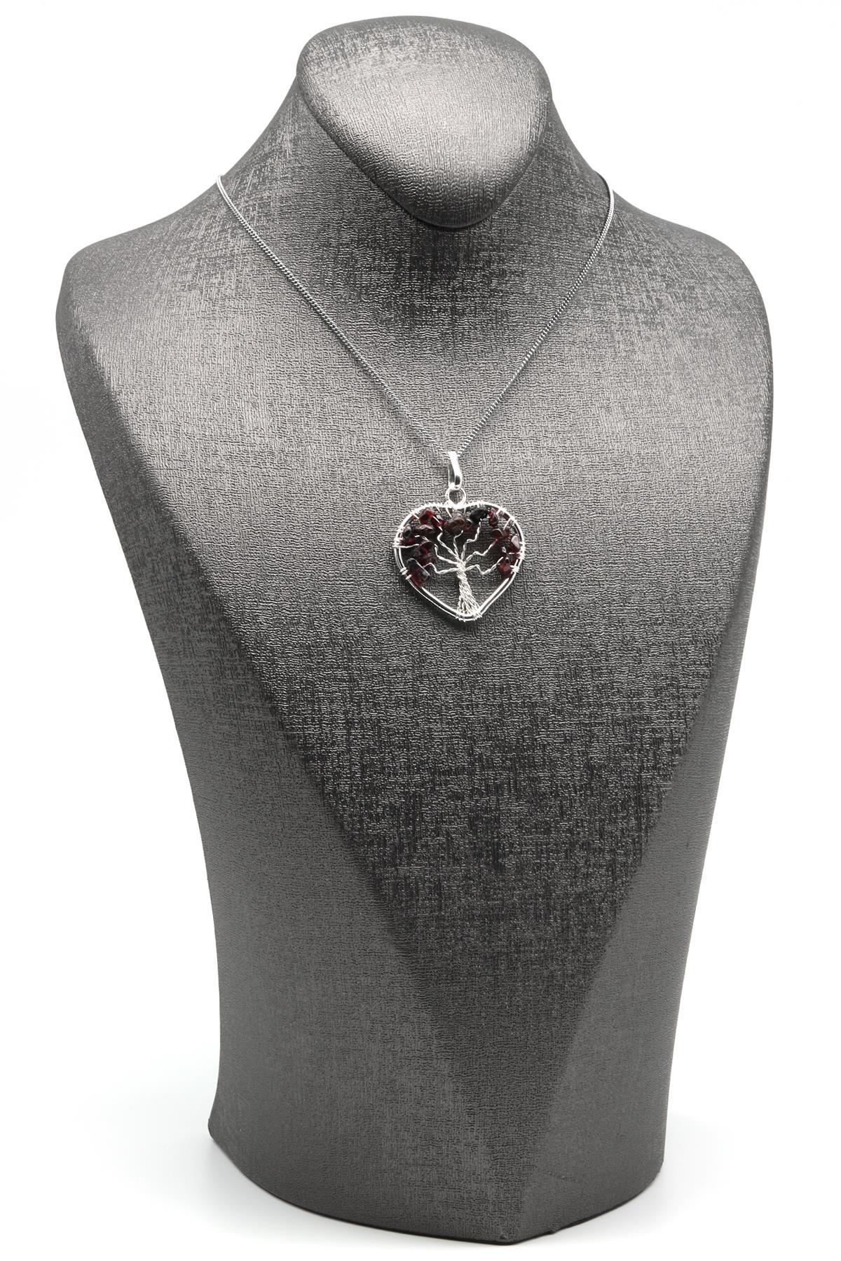 Tel Sarmalı Garnet-Lal Doğal Taş Hayat Ağacı Kalp Model Kolye