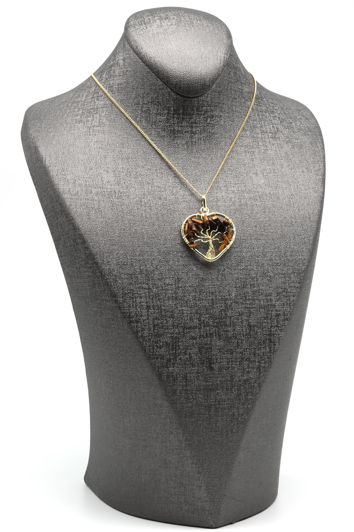 Tel Sarmalı Kaplan Gözü Doğal Taş Hayat Ağacı Kalp Model Kolye