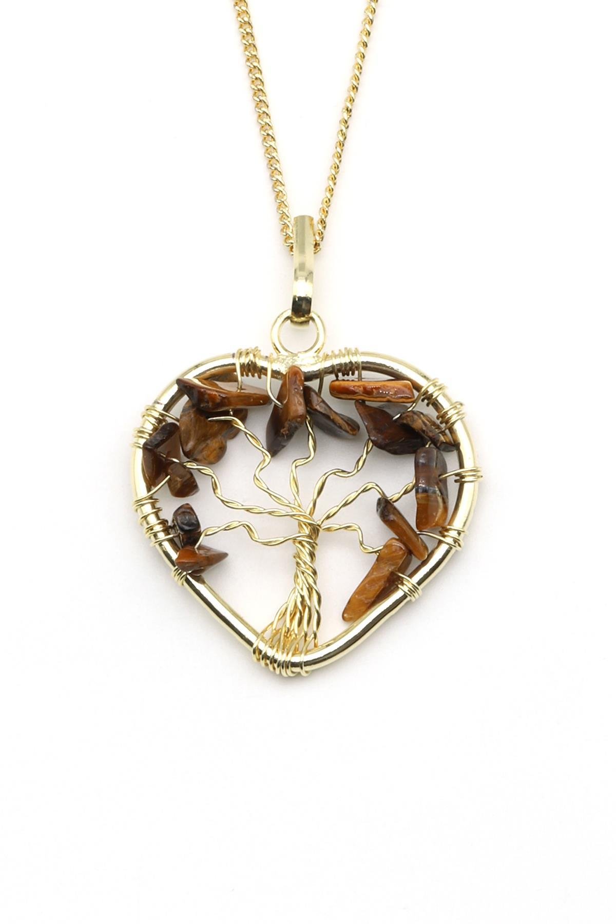 Tel Sarmalı Kaplan Gözü Doğal Taş Hayat Ağacı Kalp Model Kolye