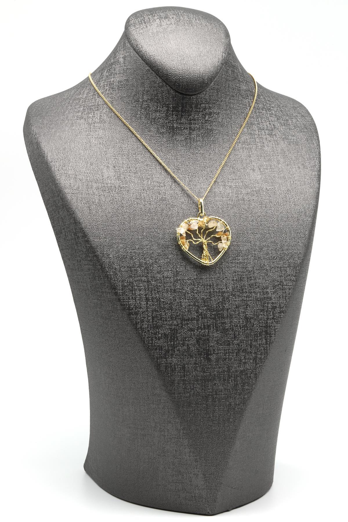 Tel Sarmalı Sitrin Doğal Taş Hayat Ağacı Kalp Model Kolye