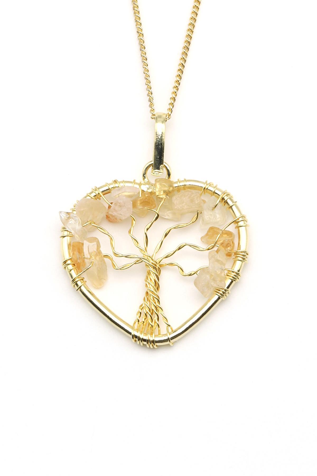 Tel Sarmalı Sitrin Doğal Taş Hayat Ağacı Kalp Model Kolye