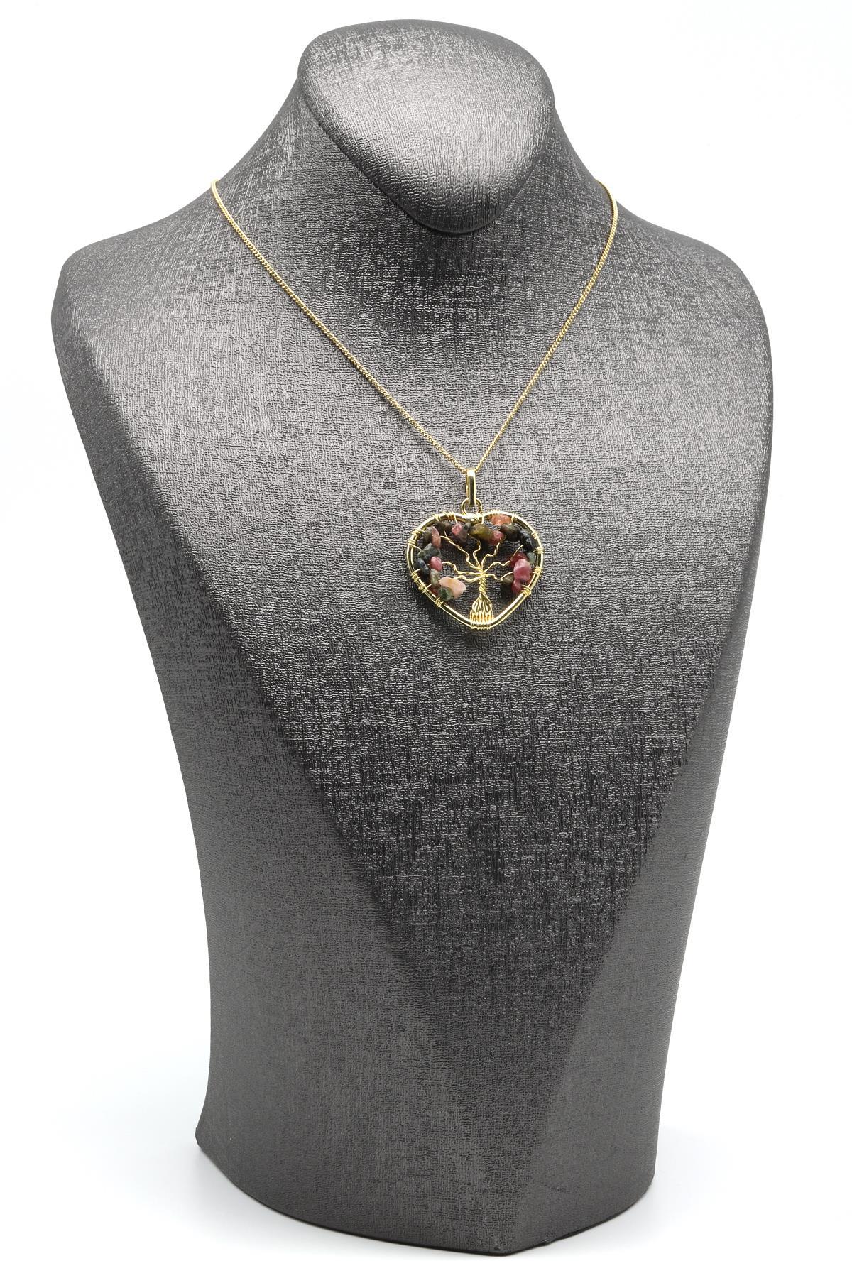 Tel Sarmalı Turmalin Doğal Taş Hayat Ağacı Kalp Model Kolye