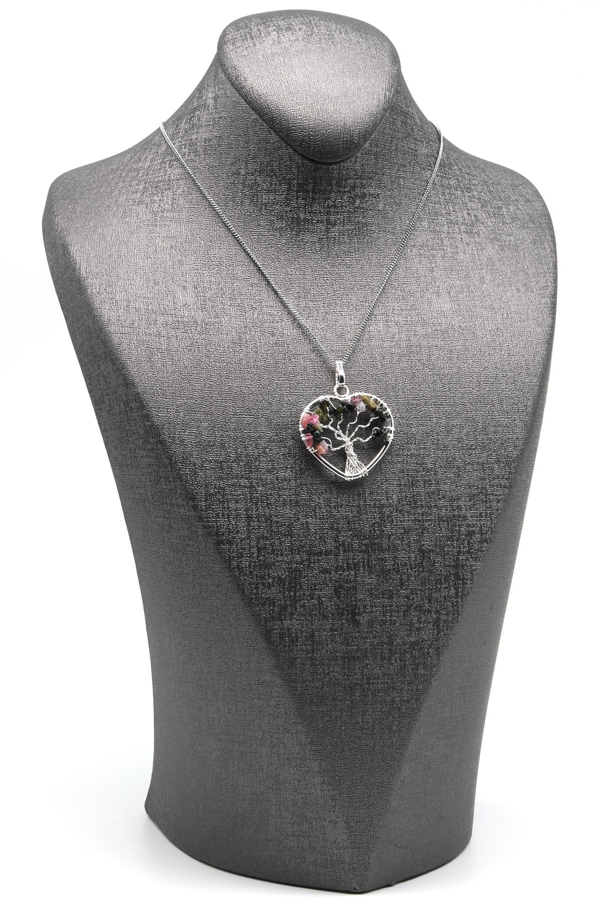 Tel Sarmalı Turmalin Doğal Taş Hayat Ağacı Kalp Model Kolye