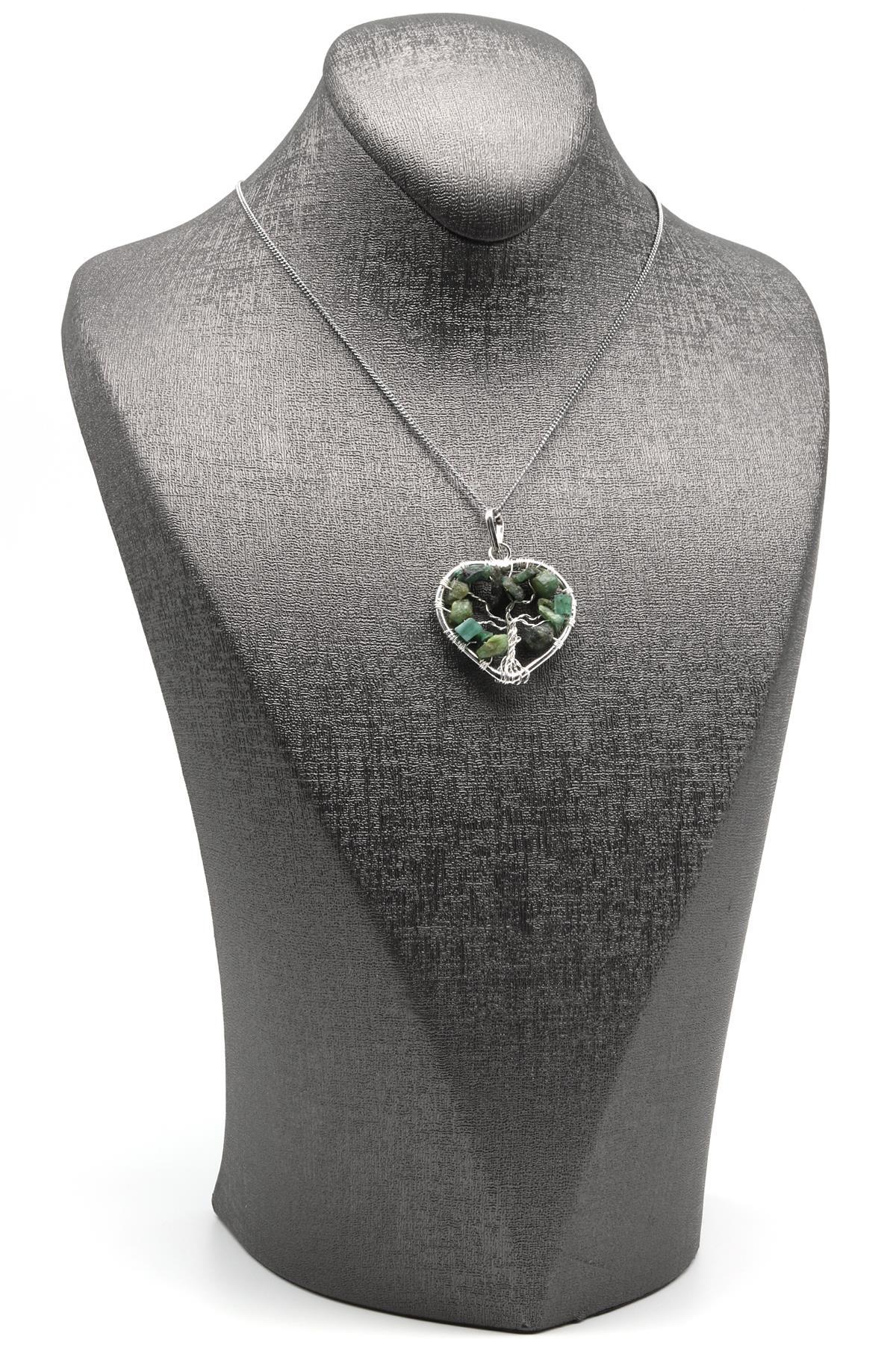 Tel Sarmalı Zümrüt Doğal Taş Hayat Ağacı Kalp Model Kolye