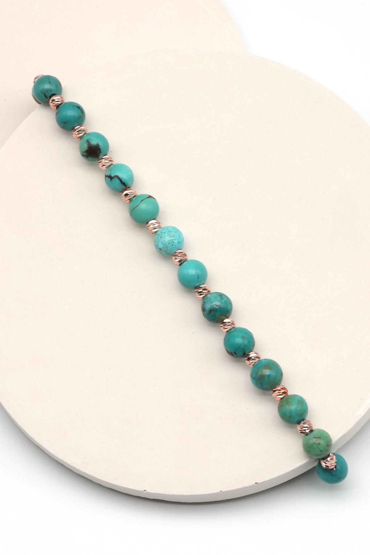 Turkuaz Doğal Taş Makrome Örme Bileklik Küre Kesim