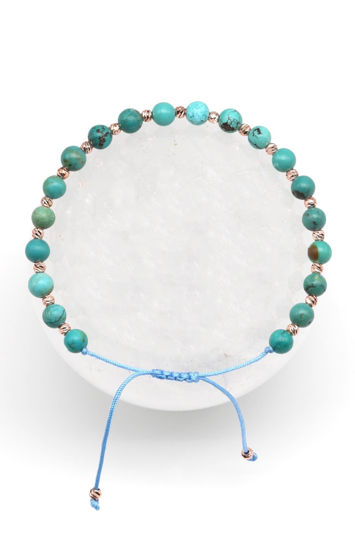 Turkuaz Doğal Taş Makrome Örme Bileklik Küre Kesim