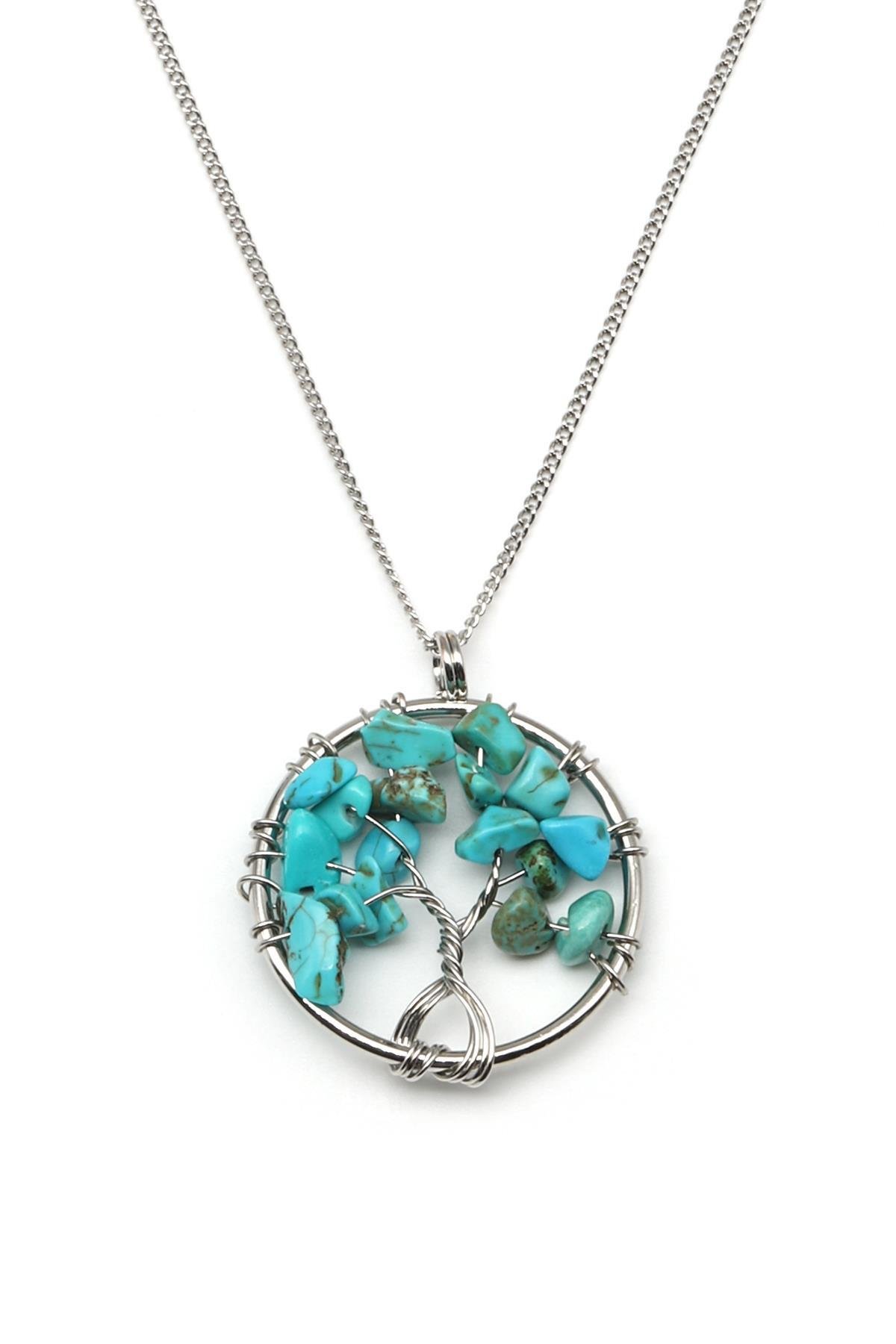 Turkuaz Doğal Taş Tel Sarmalı Hayat Ağacı Kolye