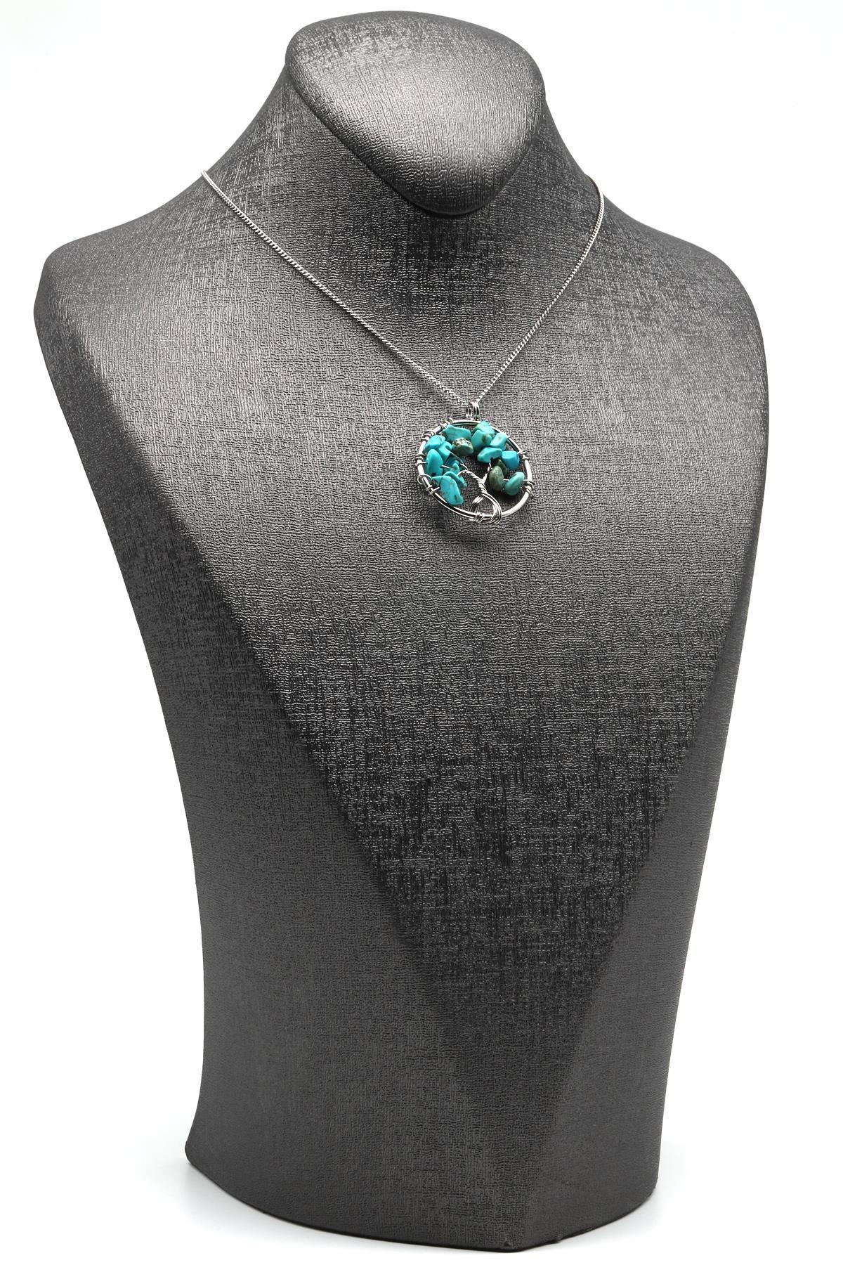 Turkuaz Doğal Taş Tel Sarmalı Hayat Ağacı Kolye