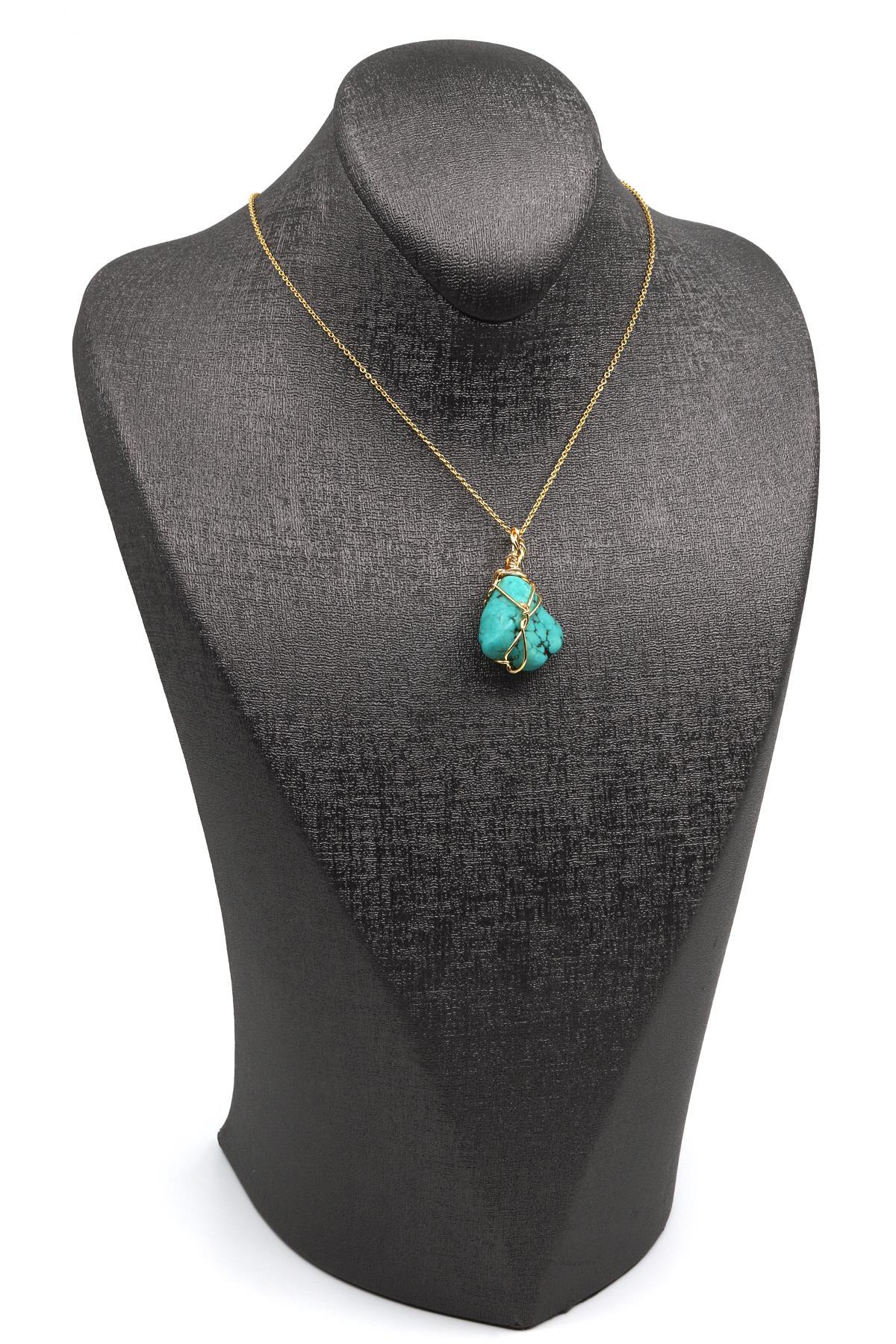 Turkuaz Doğal Taş Tel Sarmalı Kolye