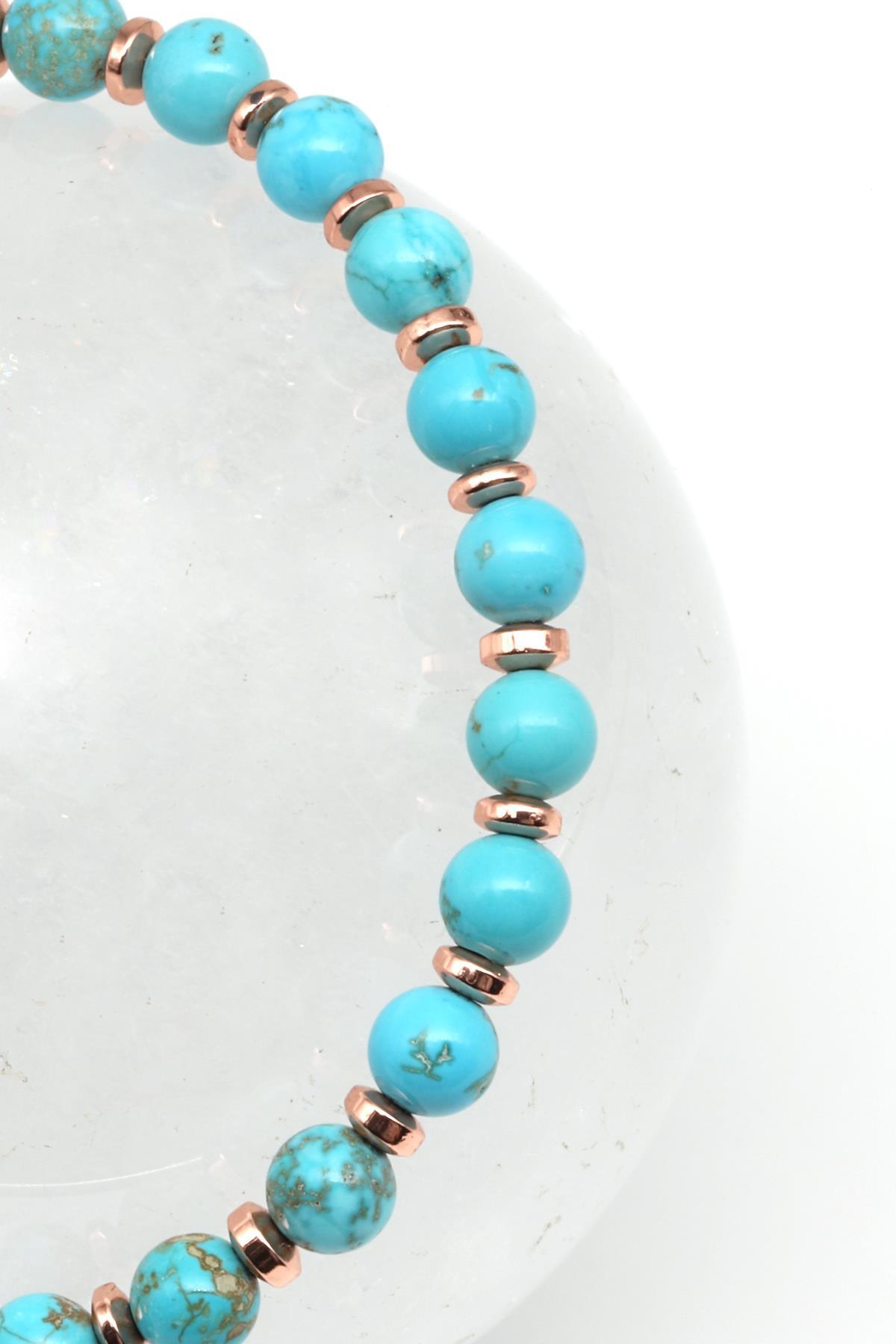 Turkuaz - Hematit Doğal Taş Makrome Örme Bileklik Küre Kesim