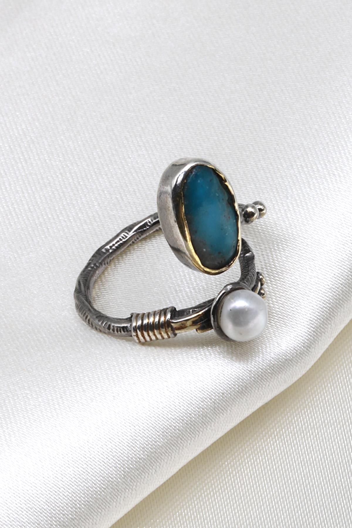 Turkuaz - İnci Doğal Taş 925 Ayar Gümüş Ayarlanabilir Yüzük