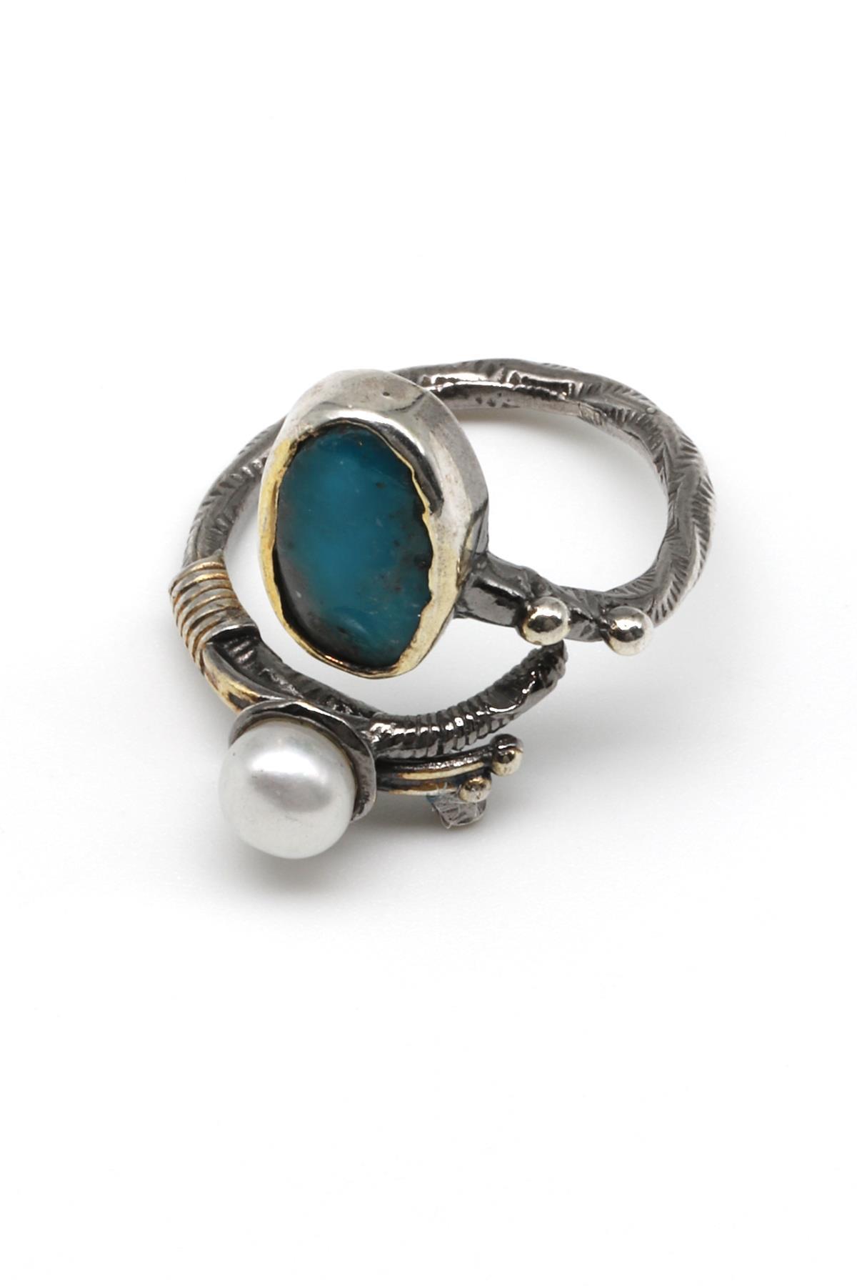 Turkuaz - İnci Doğal Taş 925 Ayar Gümüş Ayarlanabilir Yüzük