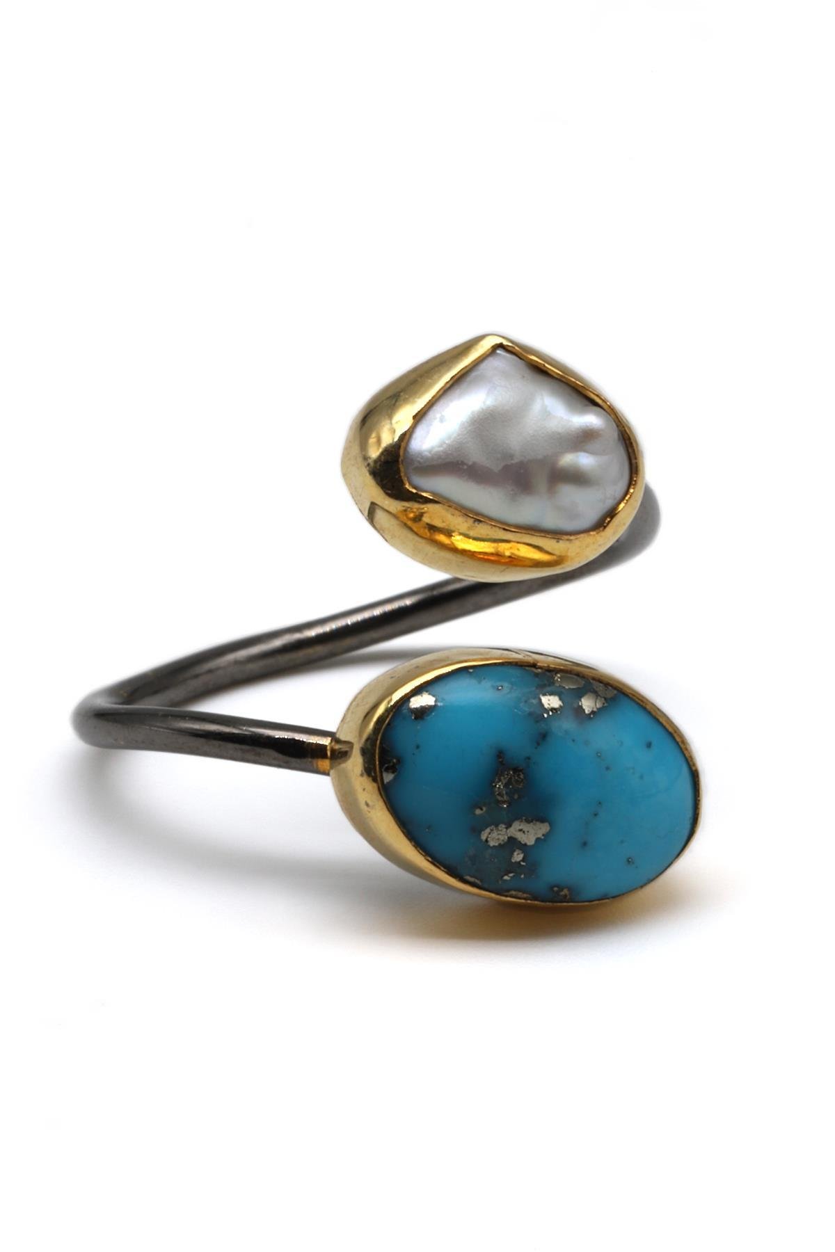 Turkuaz-İnci Doğal Taş 925 Ayar Gümüş Ayarlanabilir Yüzük