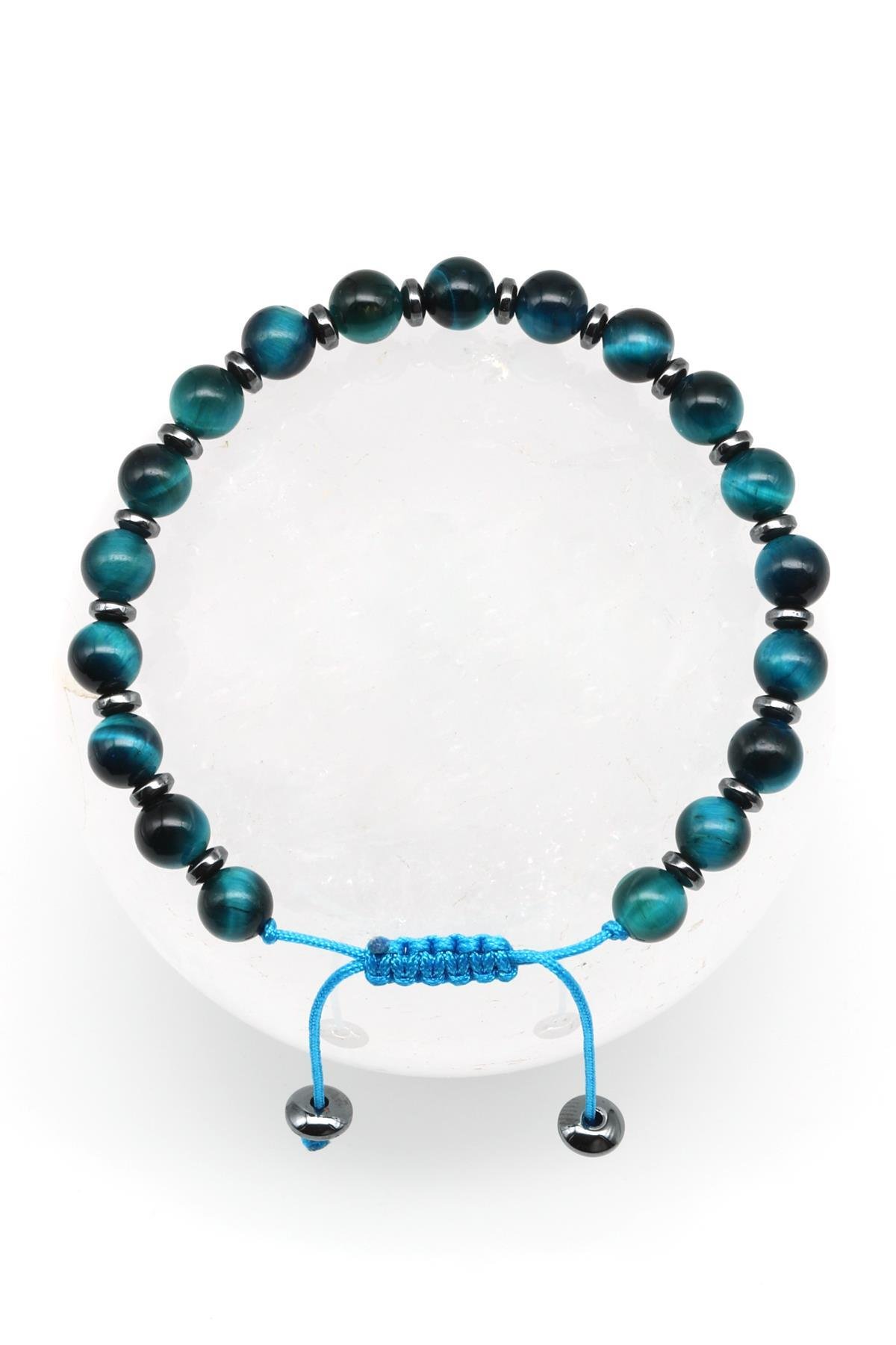 Turkuaz Kaplan Gözü Doğal Taş Makrome Örme Bileklik