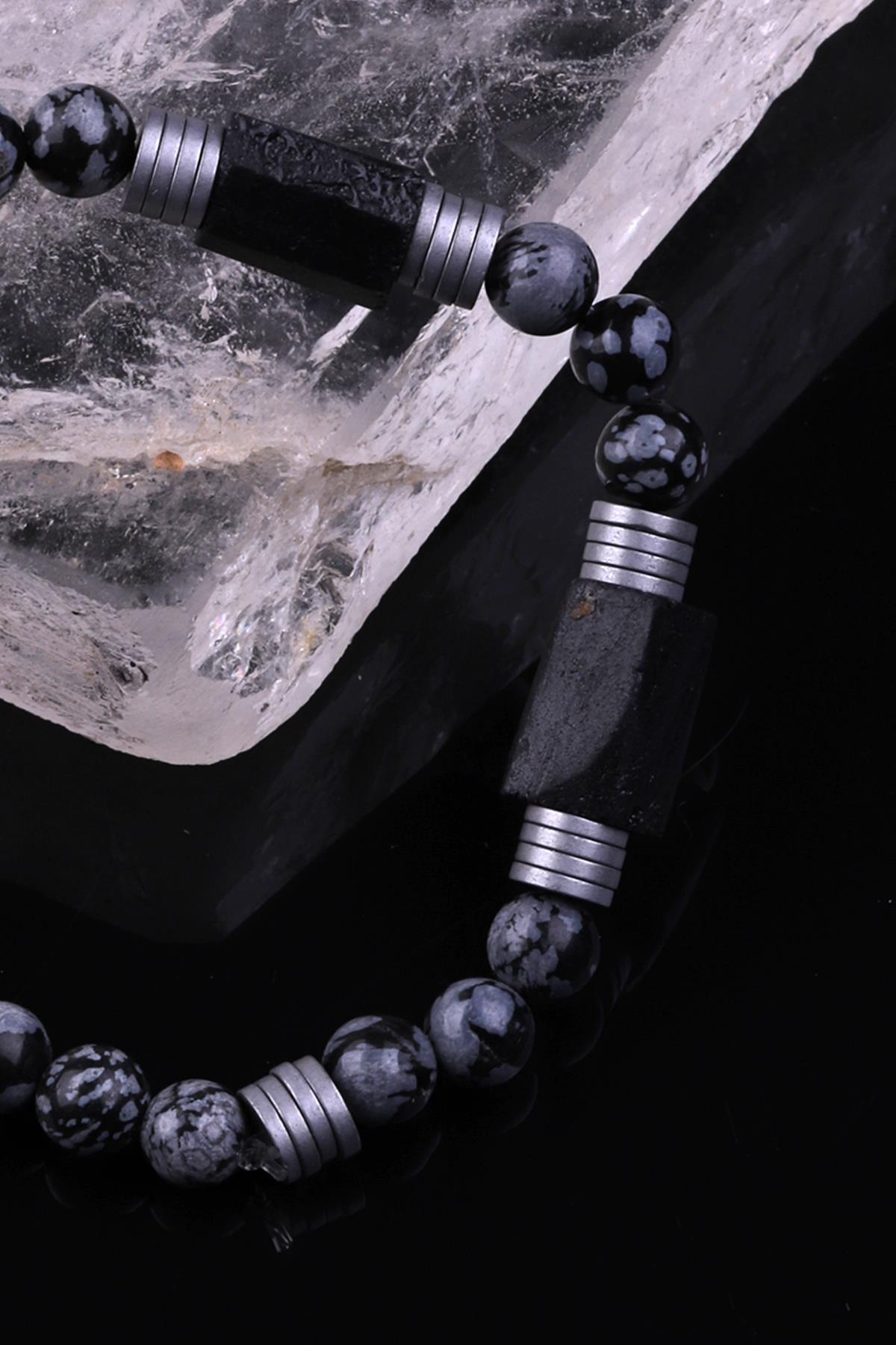 Turmalin - Karlı Obsidyen - Hematit Doğal Taş Tasarım Bileklik