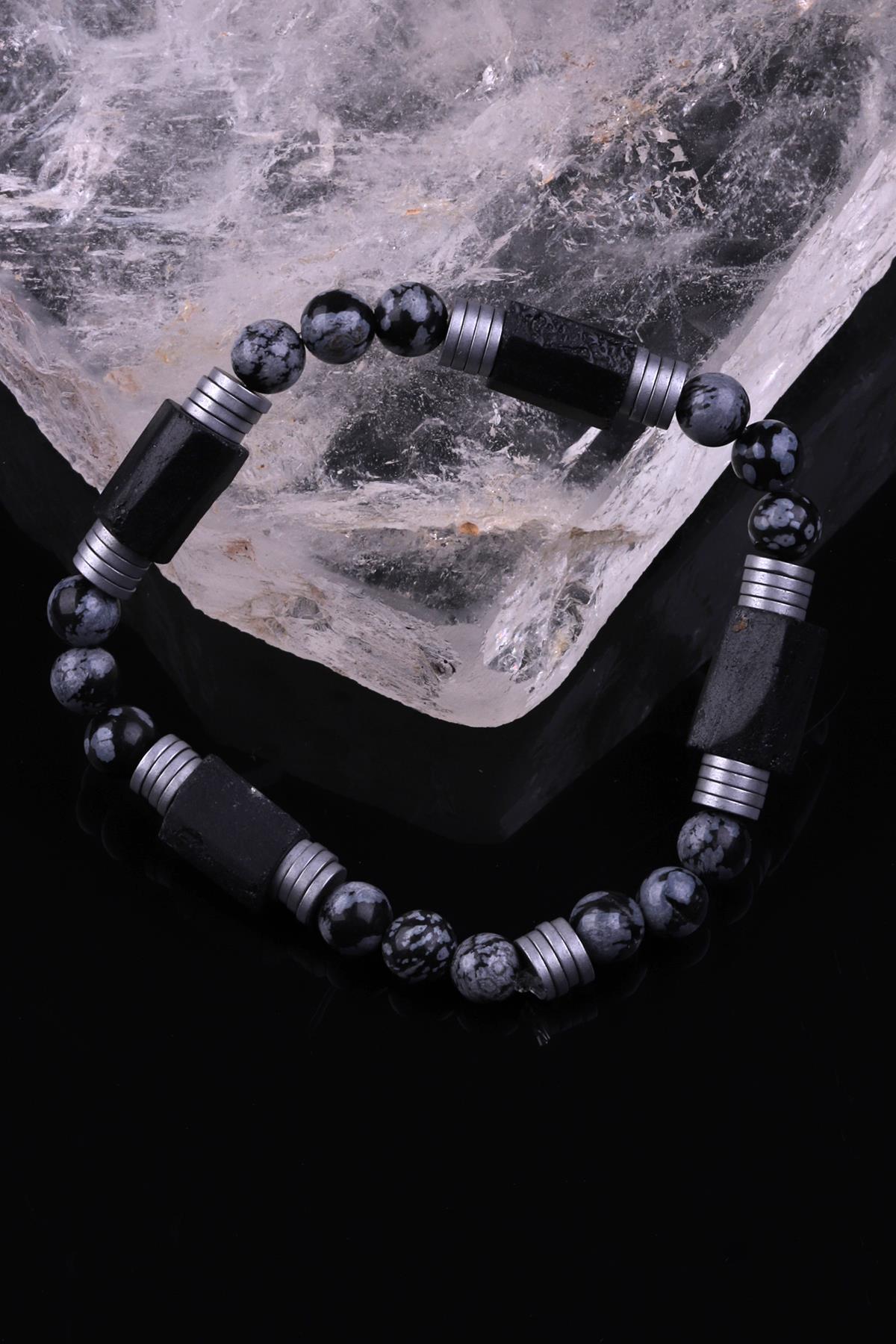 Turmalin - Karlı Obsidyen - Hematit Doğal Taş Tasarım Bileklik