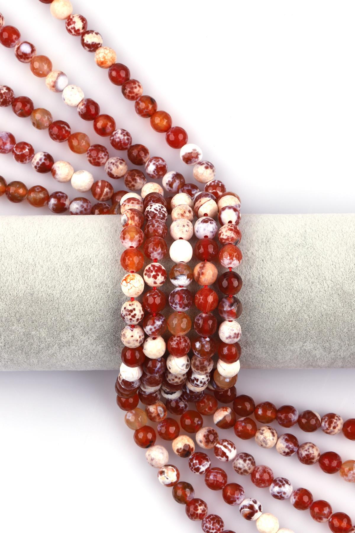 Turuncu - Beyaz Akik Doğal Taş Dizi 8 mm Fasetli Küre Kesim