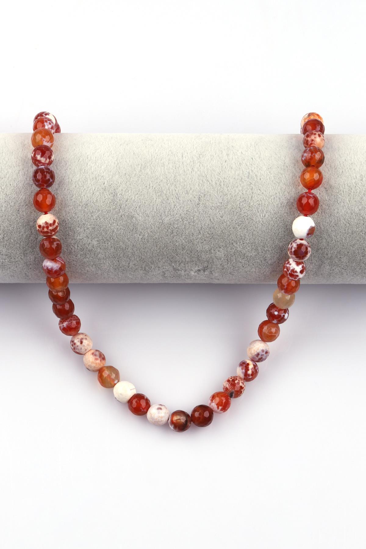 Turuncu - Beyaz Akik Doğal Taş Dizi 8 mm Fasetli Küre Kesim