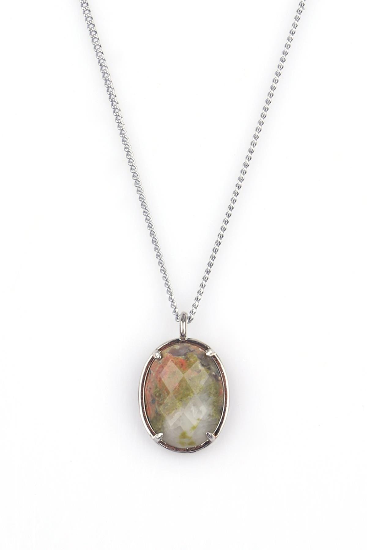 Unakit Doğal Taş Gümüş Renkli Kolye