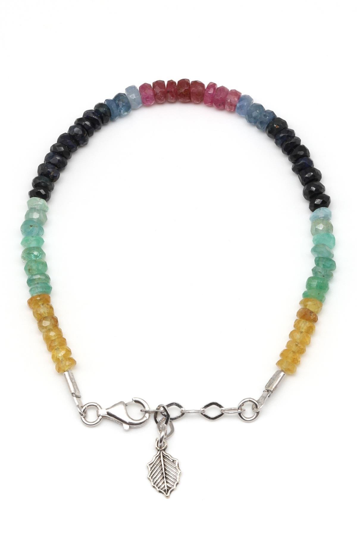 Yakut - Safir - Zümrüt Doğal Taş 925 Ayar Gümüş Bileklik Rondel Kesim