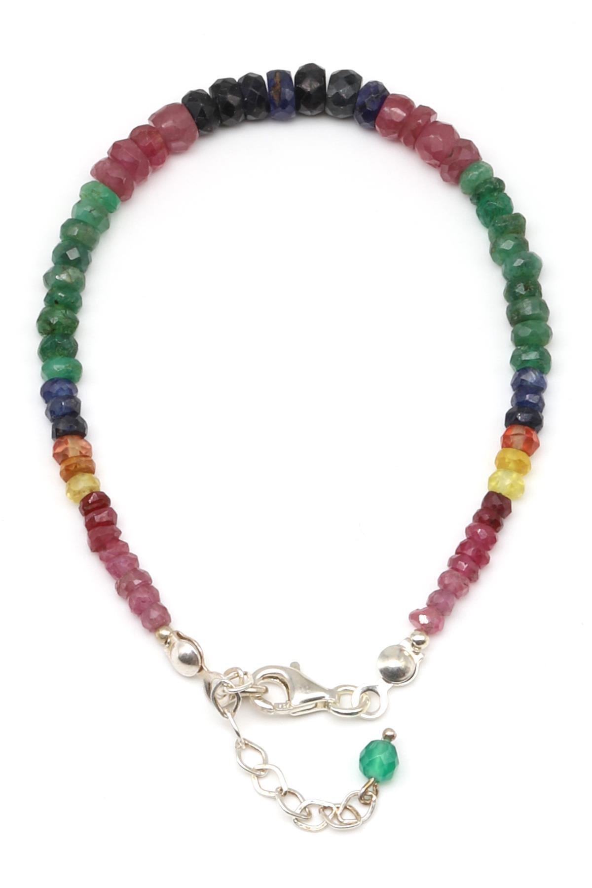 Yakut - Safir - Zümrüt Doğal Taş 925 Ayar Gümüş Bileklik Rondel Kesim - BLK-2025