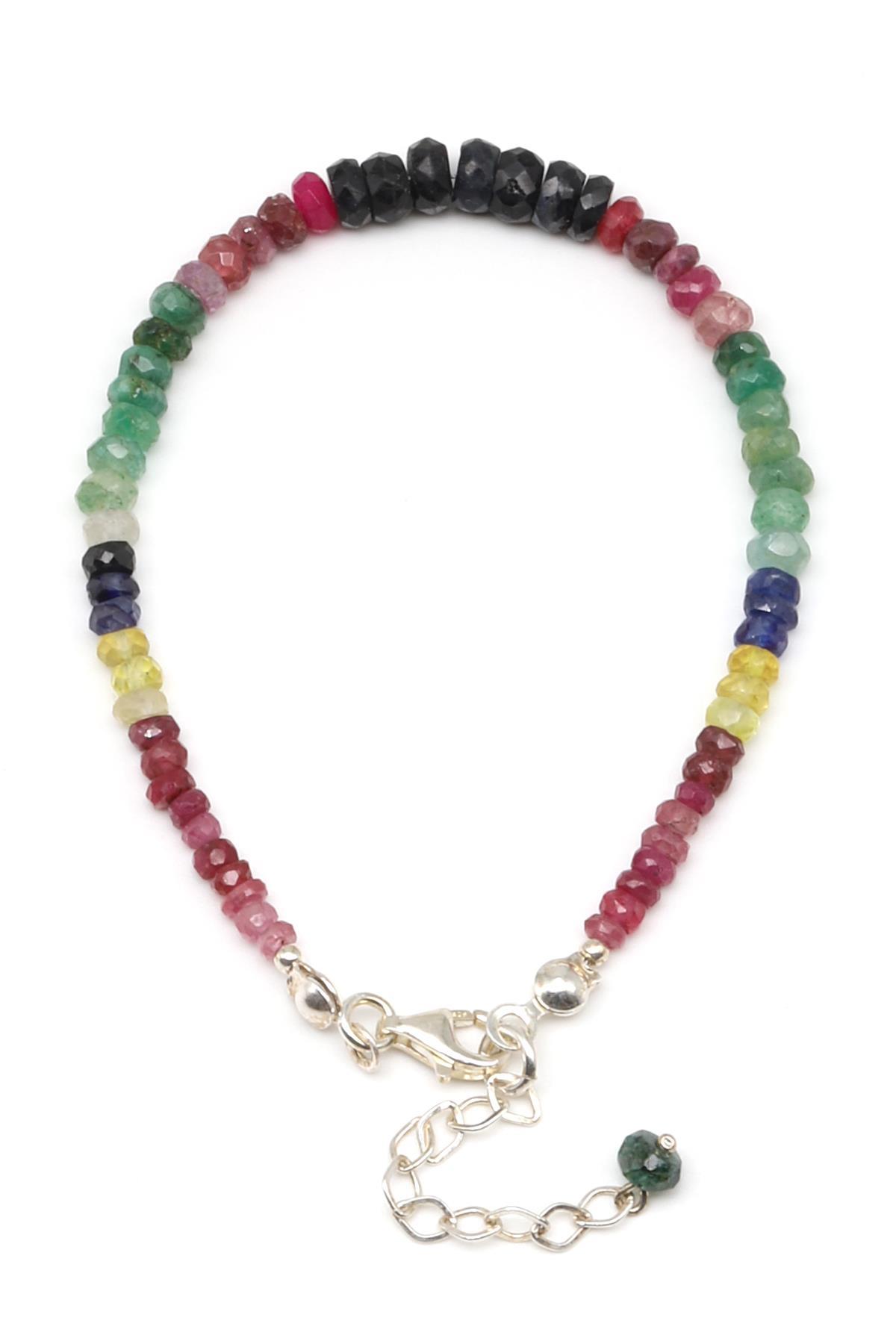 Yakut - Safir - Zümrüt Doğal Taş 925 Ayar Gümüş Bileklik Rondel Kesim - BLK-2023