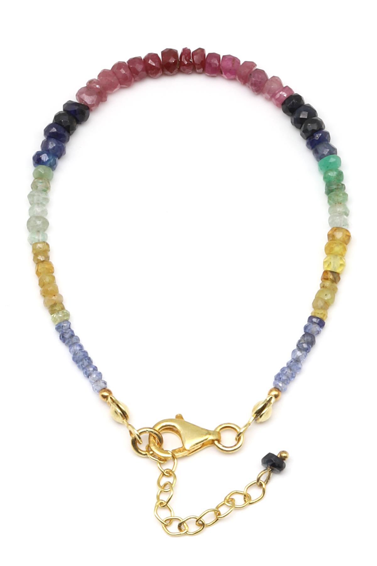 Yakut - Safir - Zümrüt Doğal Taş 925 Ayar Gümüş Bileklik Rondel Kesim - BLK-2024