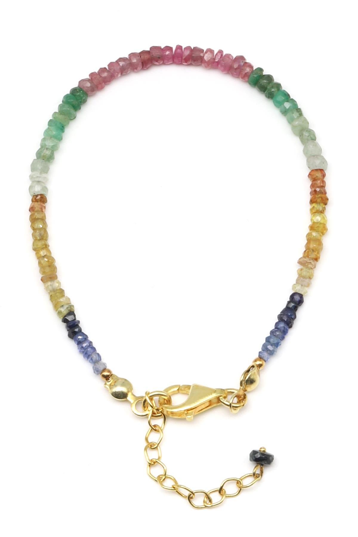 Yakut - Safir - Zümrüt Doğal Taş 925 Ayar Gümüş Bileklik Rondel Kesim - BLK-2027