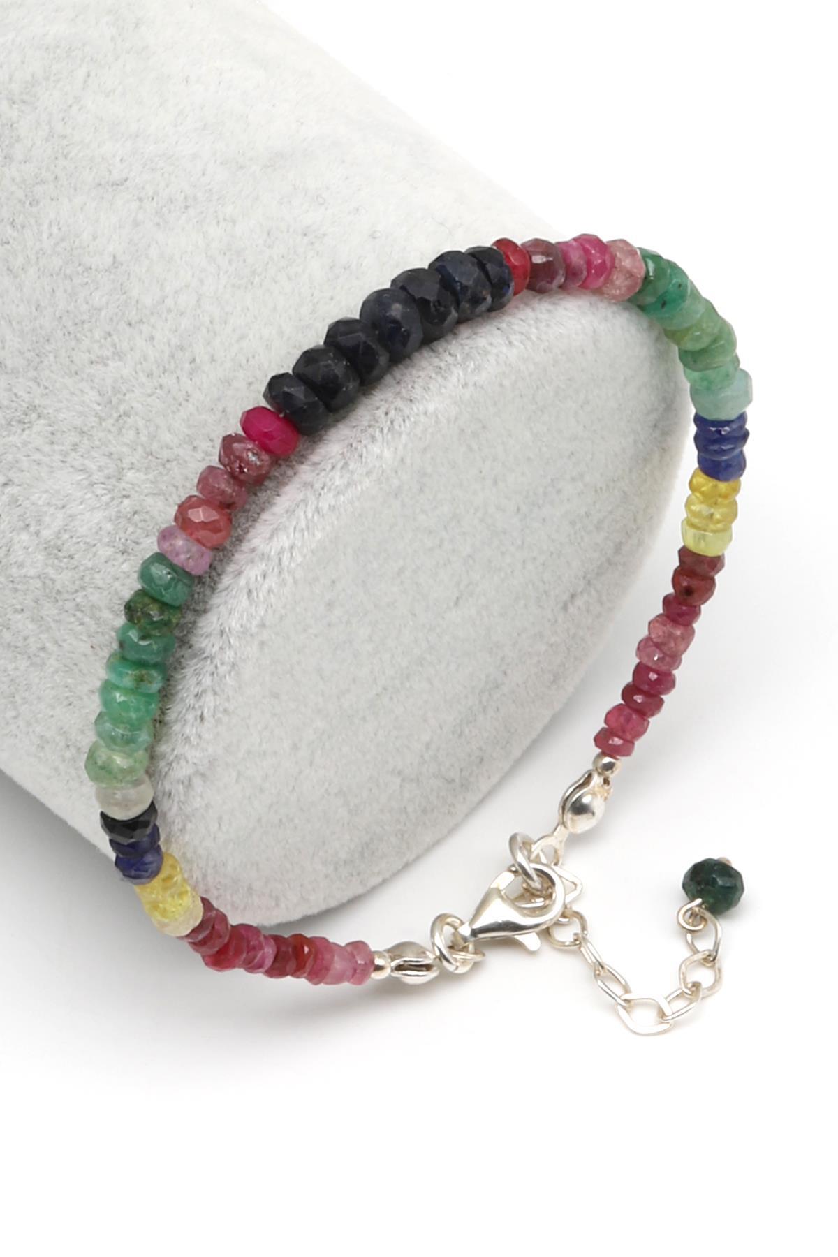 Yakut - Safir - Zümrüt Doğal Taş 925 Ayar Gümüş Bileklik Rondel Kesim - BLK-2023