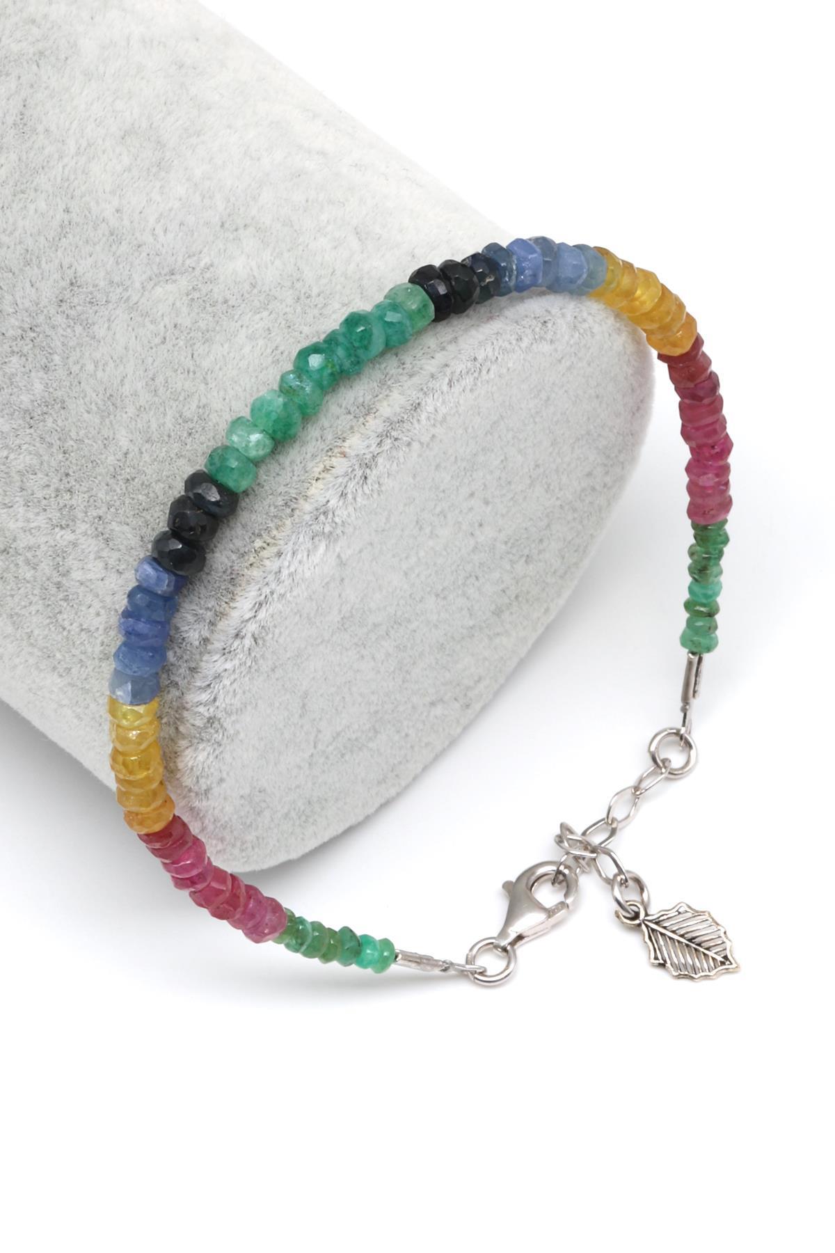 Yakut - Safir - Zümrüt Doğal Taş 925 Ayar Gümüş Bileklik Rondel Kesim