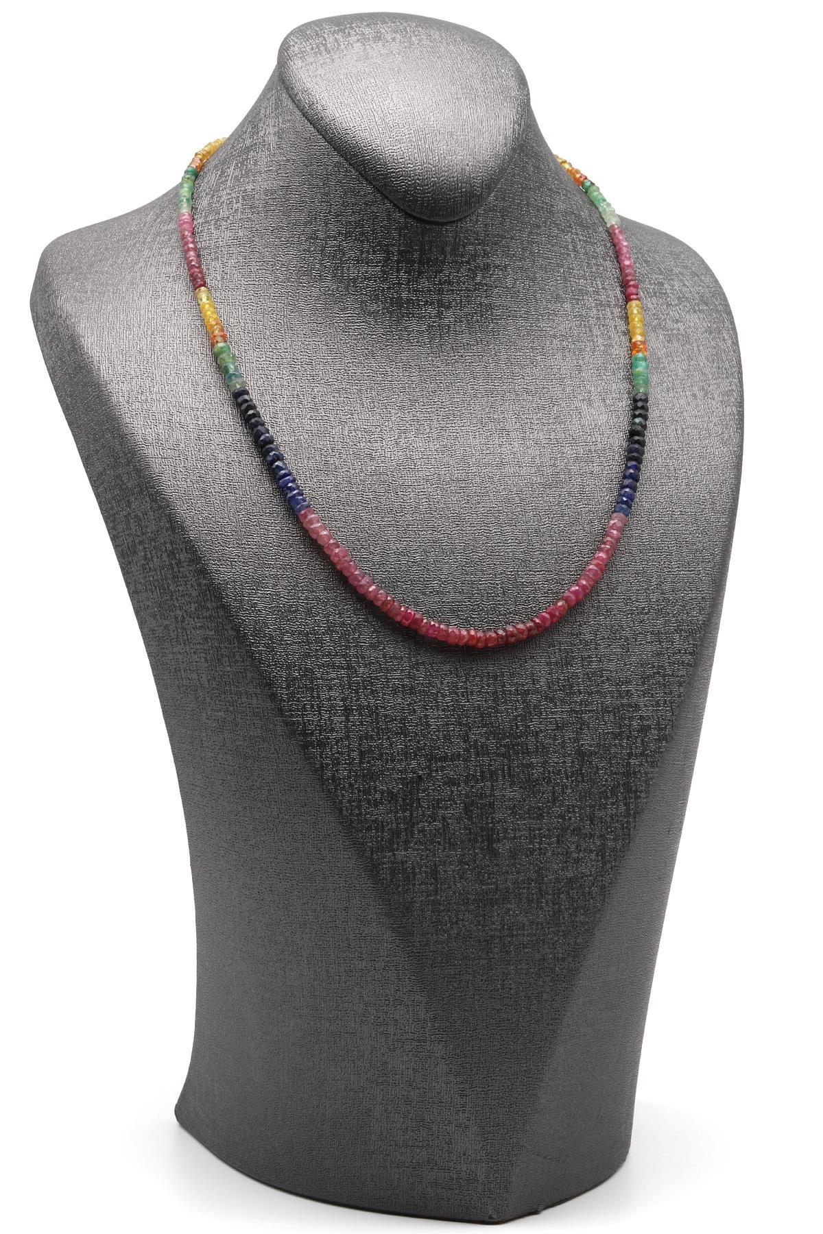 Yakut - Safir - Zümrüt Doğal Taş 925 Ayar Gümüş Kolye Rondel Kesim - KLYG-1613