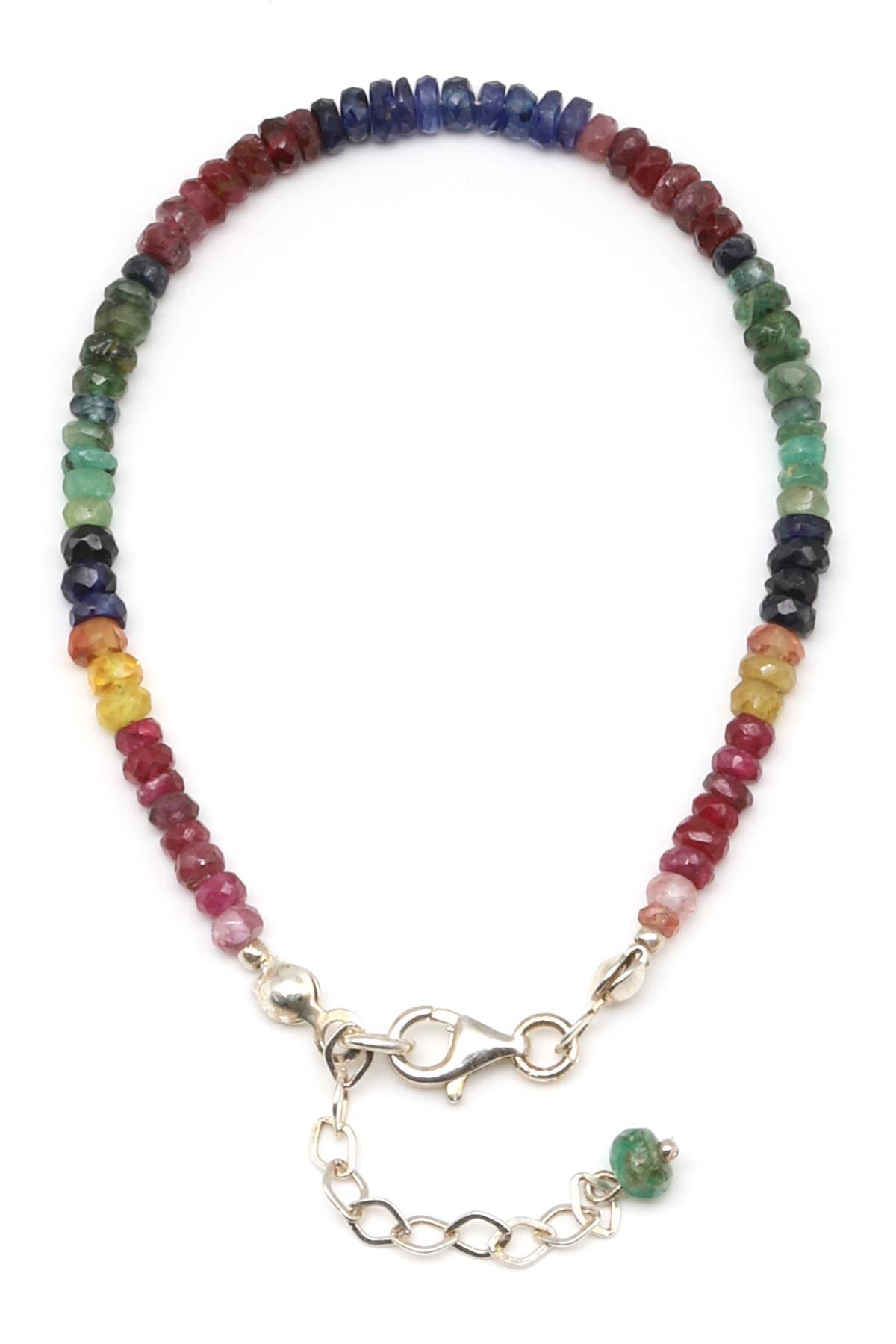 Yakut - Safir - Zümrüt Doğal Taş 925 Ayar Gümüş Bileklik Rondel Kesim - BLK-2026