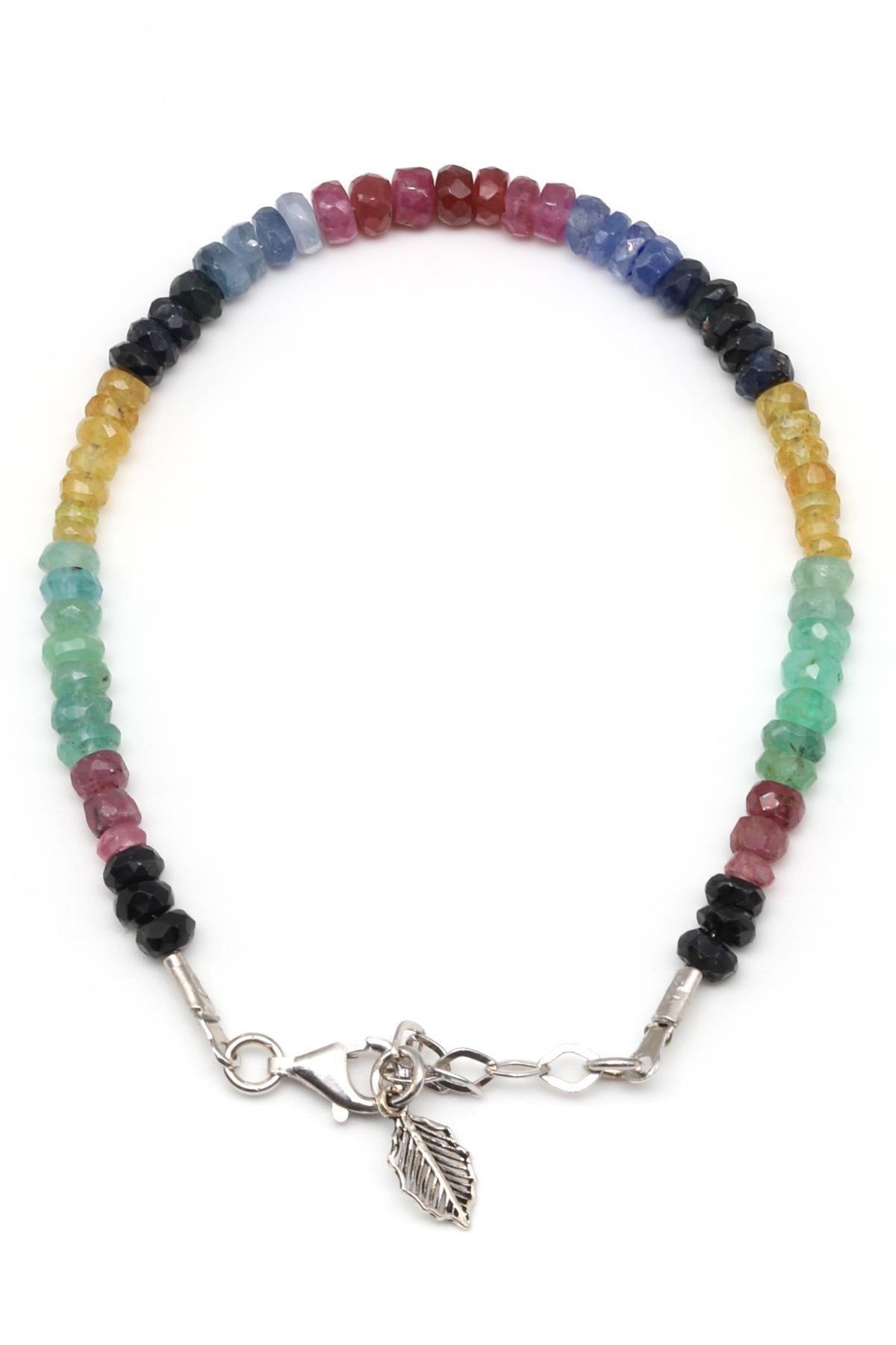 Yakut - Safir - Zümrüt Doğal Taş 925 Ayar Gümüş Bileklik Rondel Kesim