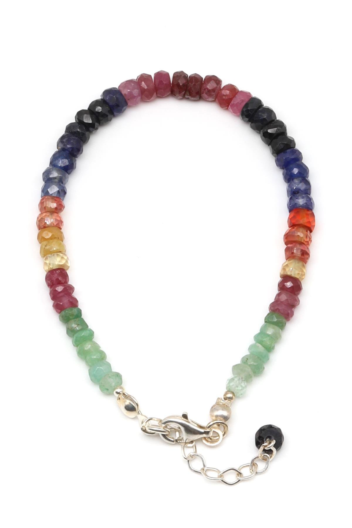 Yakut - Safir - Zümrüt Doğal Taş 925 Ayar Gümüş Bileklik Rondel Kesim - BLK-2022