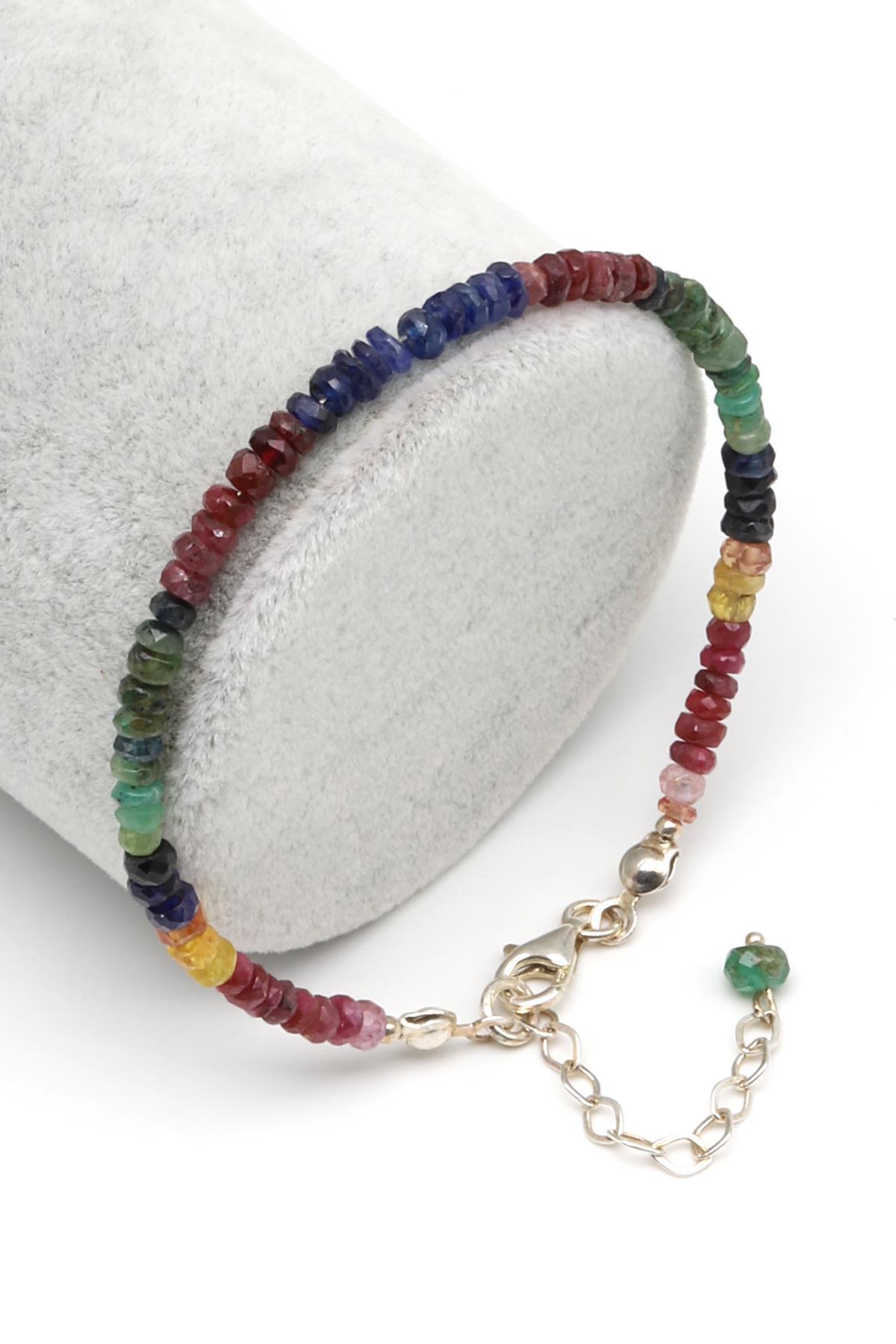 Yakut - Safir - Zümrüt Doğal Taş 925 Ayar Gümüş Bileklik Rondel Kesim - BLK-2026