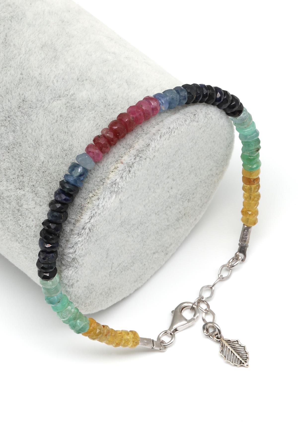 Yakut - Safir - Zümrüt Doğal Taş 925 Ayar Gümüş Bileklik Rondel Kesim