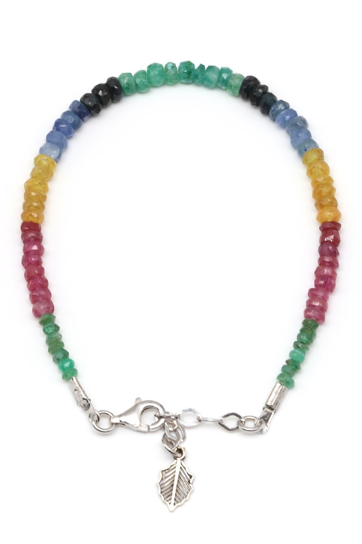 Yakut - Safir - Zümrüt Doğal Taş 925 Ayar Gümüş Bileklik Rondel Kesim