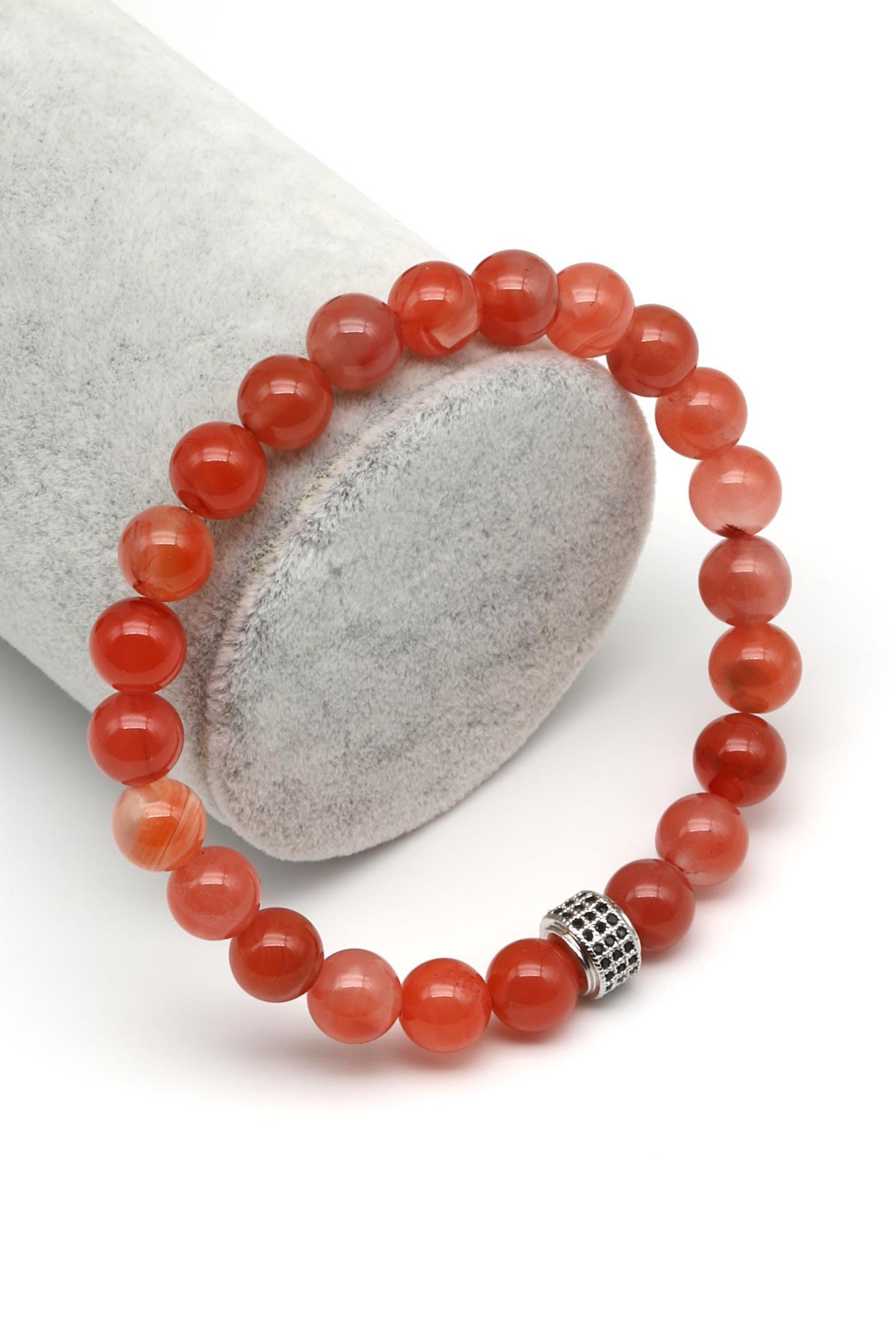 Yemen Akik Doğal Taş Zirkon Aparatlı Bileklik 8 mm Küre Kesim