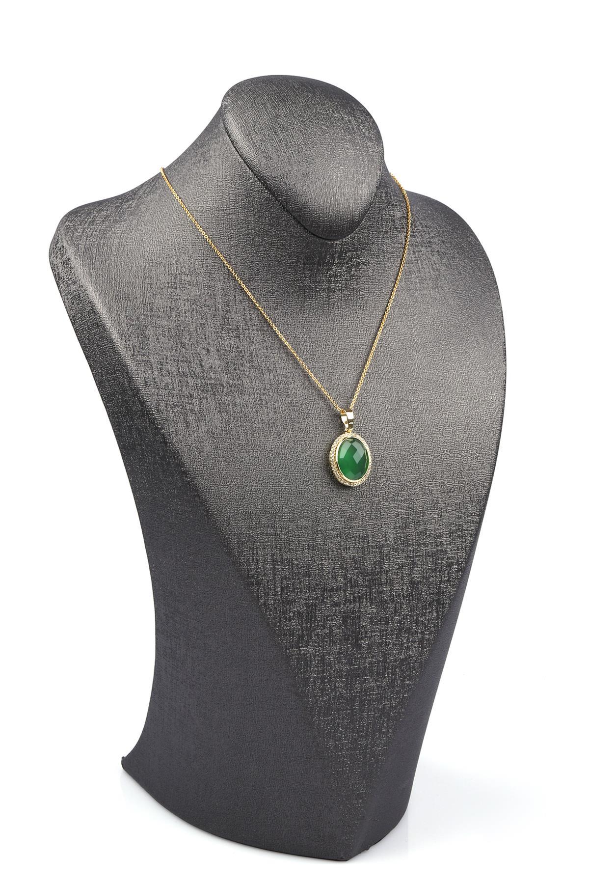 Yeşil Akik Doğal Taş Gold Renkli Kolye