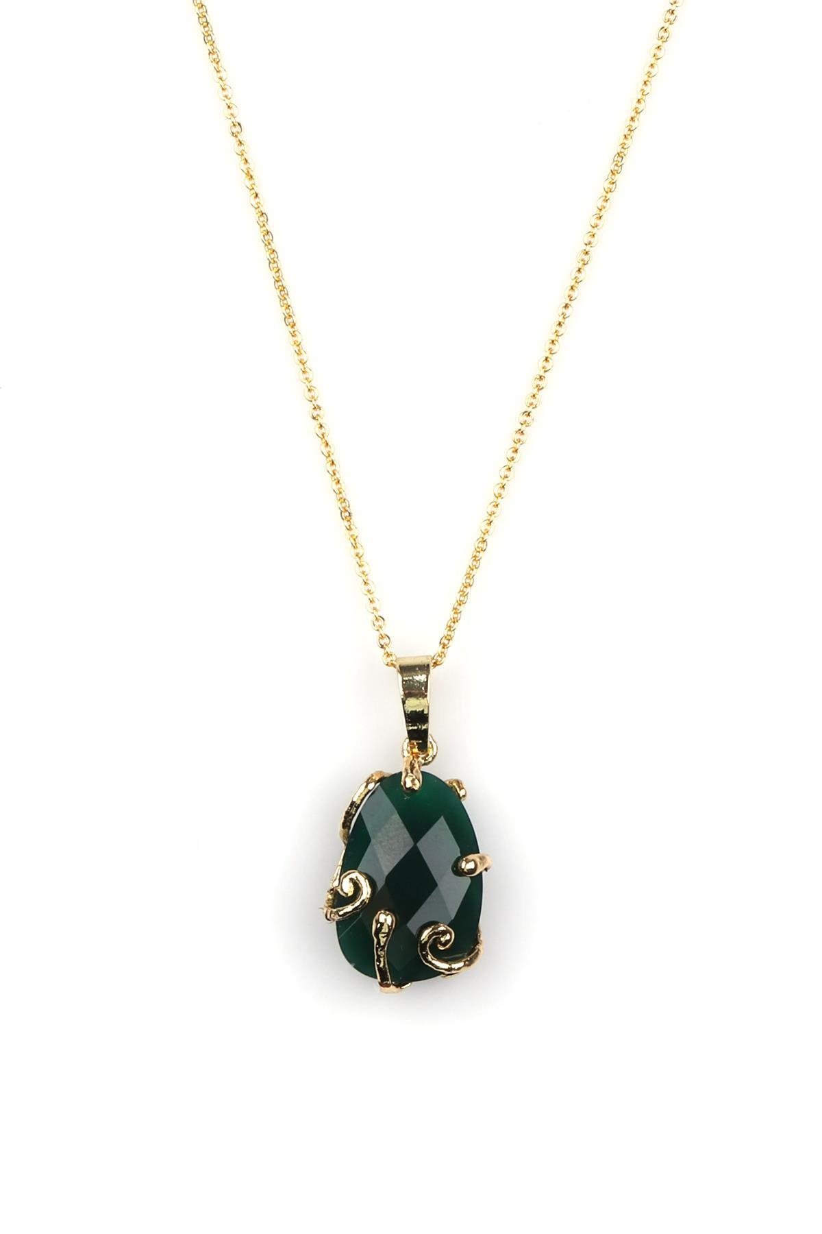 Yeşil Akik Doğal Taş Gold Renkli Kolye