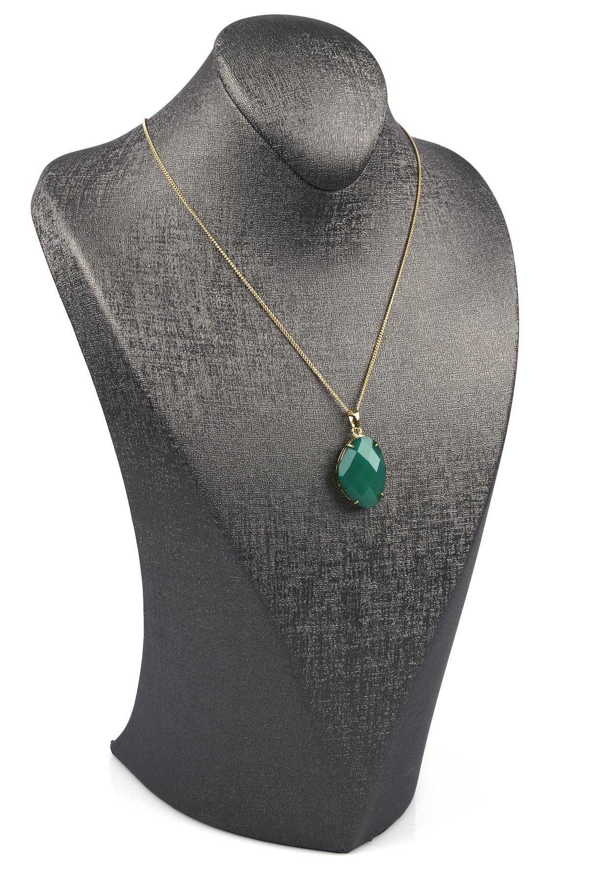 Yeşil Akik Doğal Taş Gold Renkli Kolye